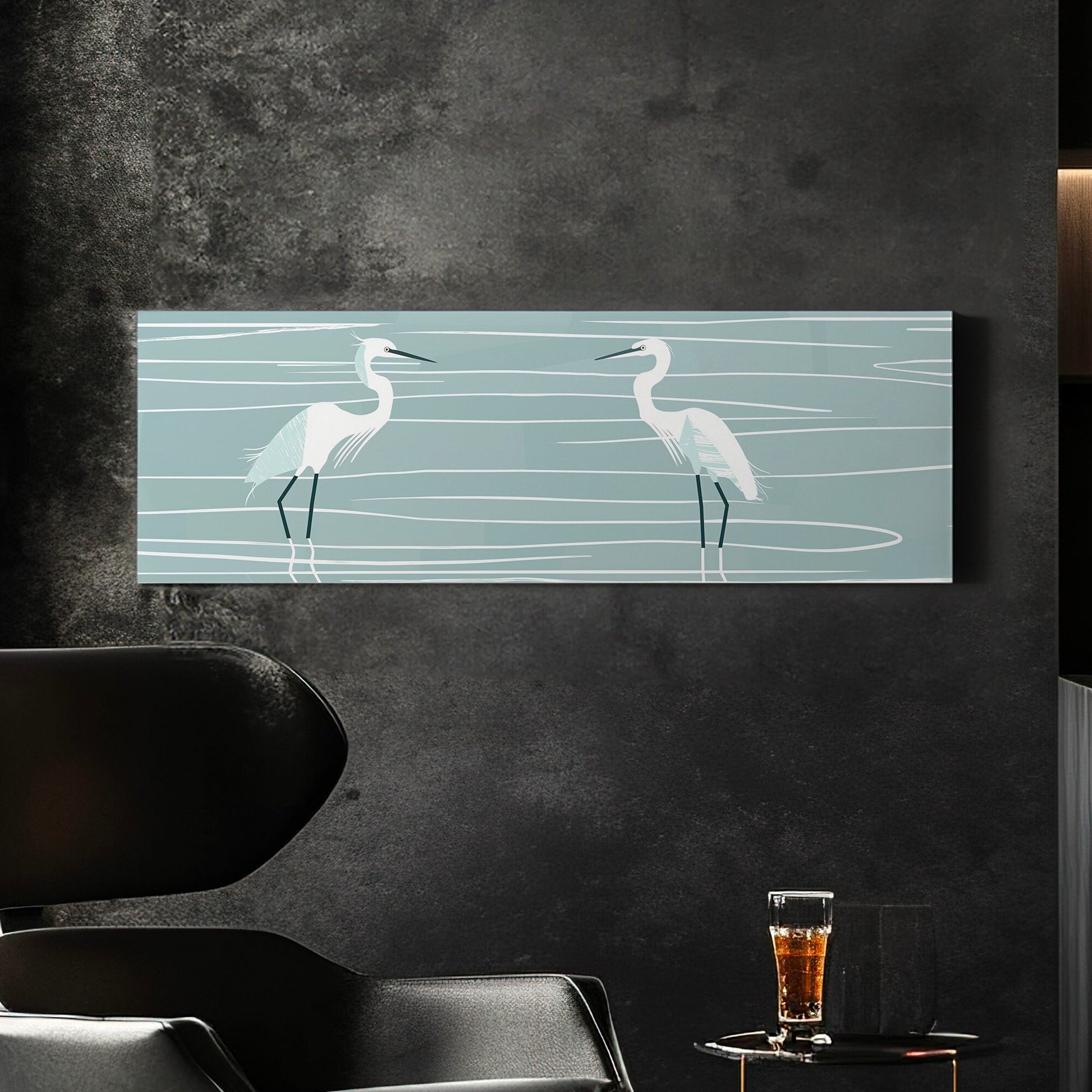 Minimalist Heron Long Horizontal Wall Art For Living Room, Panoramic Illustration Canvas Print, Peaceful Decor Canvas Art