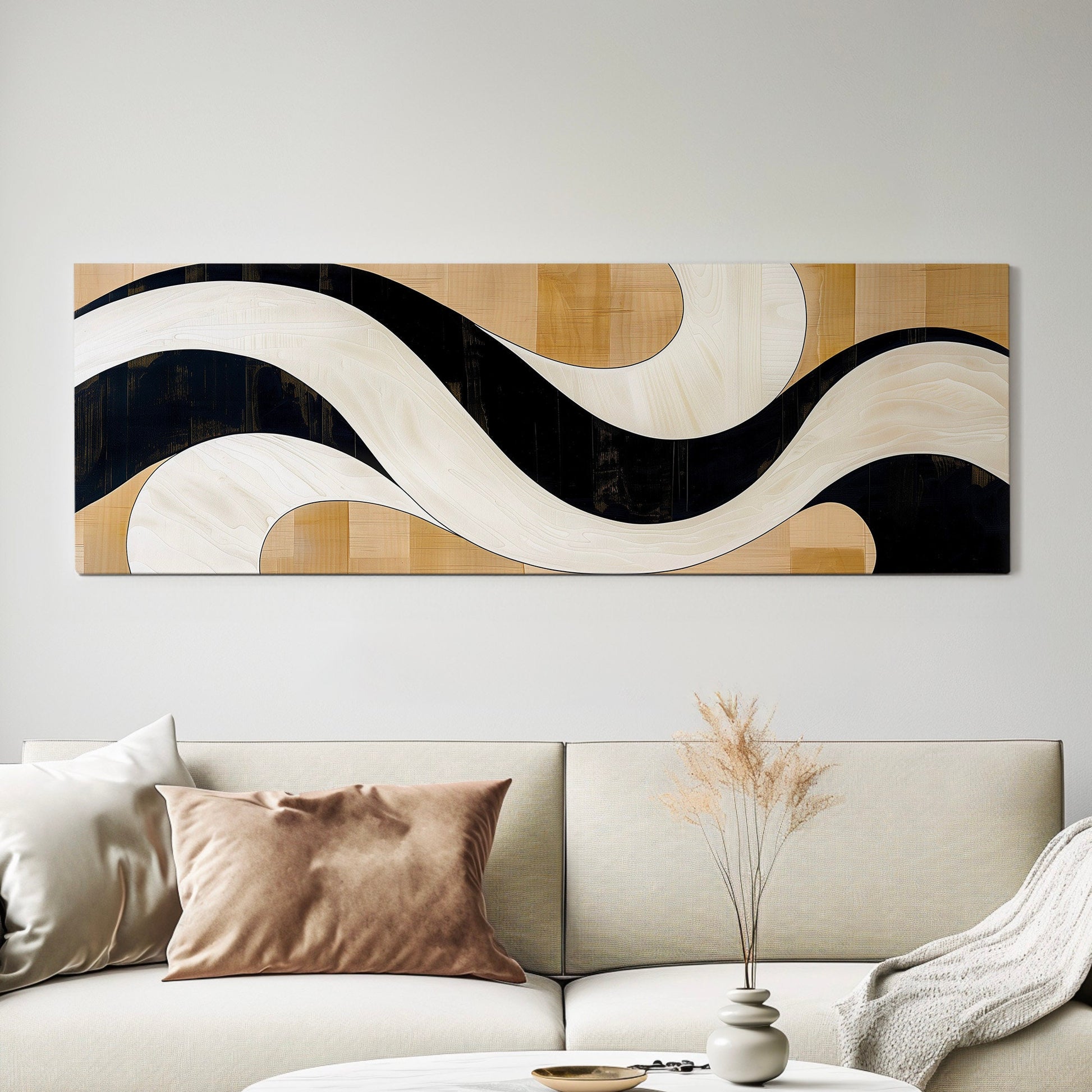 Mid Century Boho Long Horizontal Wall Art For Living Room, Panoramic Abstract Waves Canvas Print, Neutral Decor Canvas Art