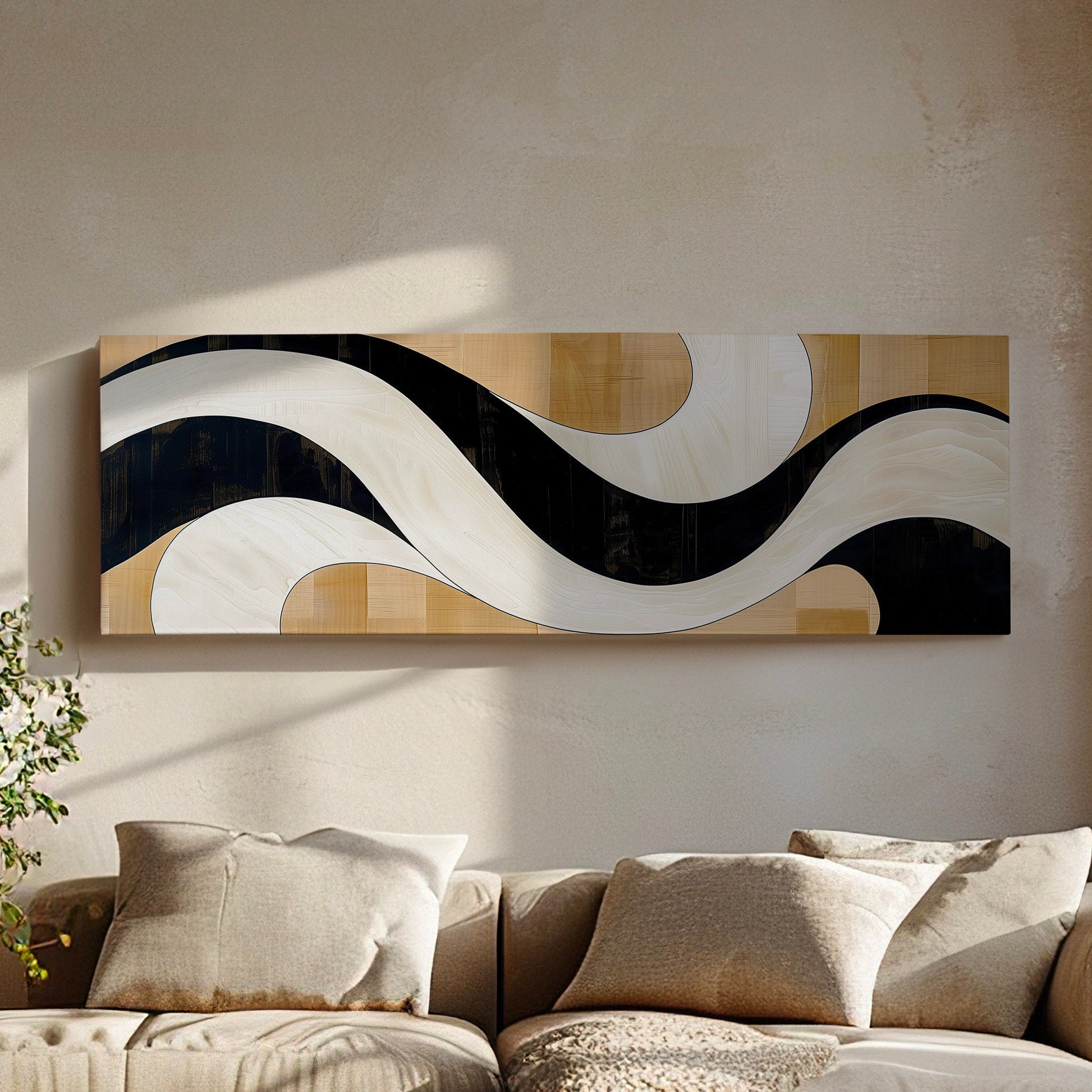 Mid Century Boho Long Horizontal Wall Art For Living Room, Panoramic Abstract Waves Canvas Print, Neutral Decor Canvas Art