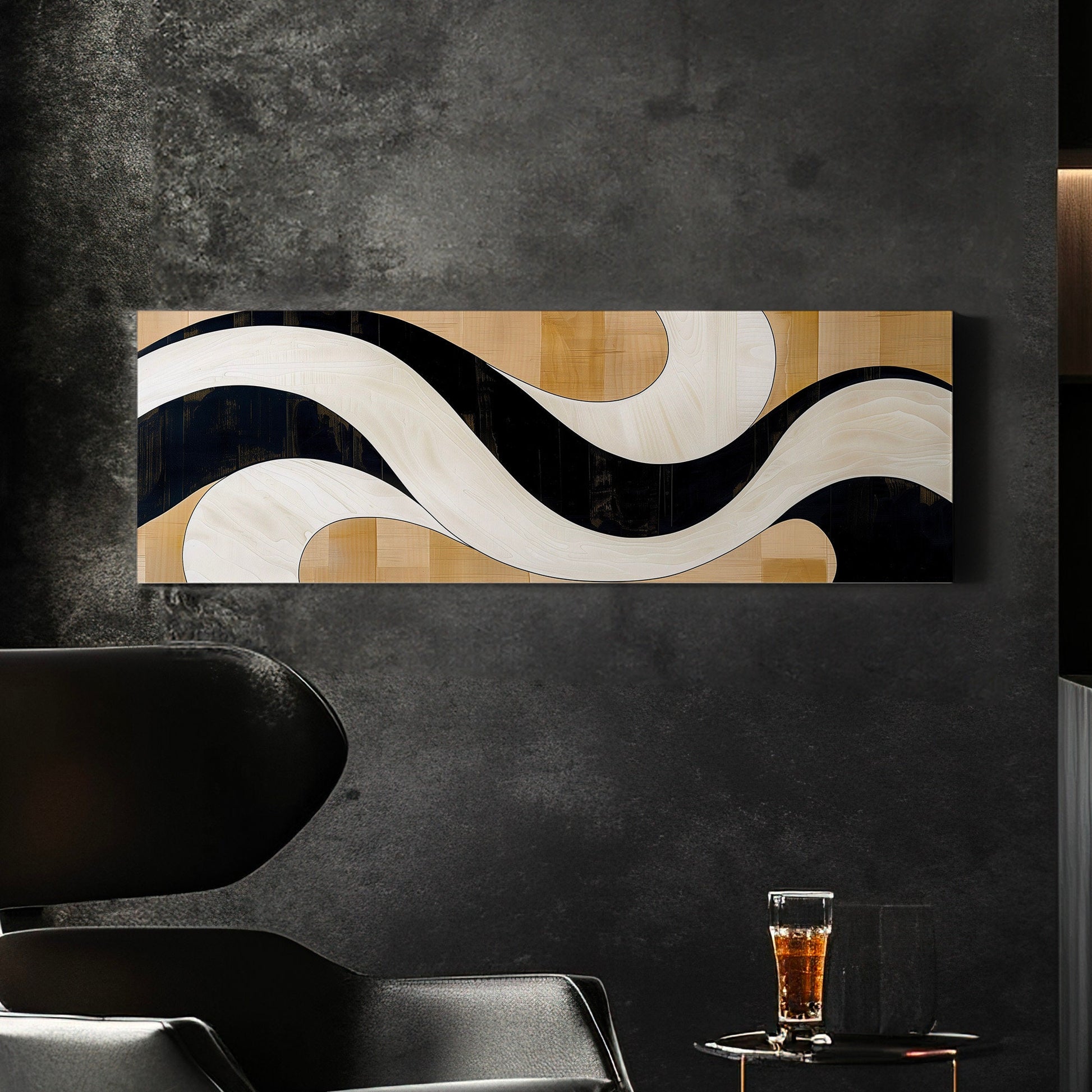 Mid Century Boho Long Horizontal Wall Art For Living Room, Panoramic Abstract Waves Canvas Print, Neutral Decor Canvas Art