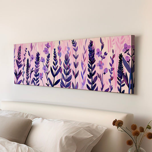 Lavender Field Long Horizontal Wall Art For Living Room, Panoramic Boho Floral Canvas Print, Botanical Decor Canvas Art