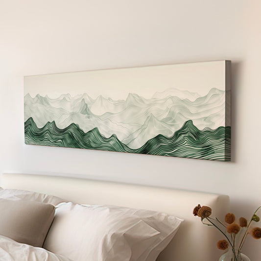 Landscape Sage Green Drawing Long Horizontal Wall Art Above bed, Panoramic Abstract Canvas Print, Minimalist Decor Canvas Art