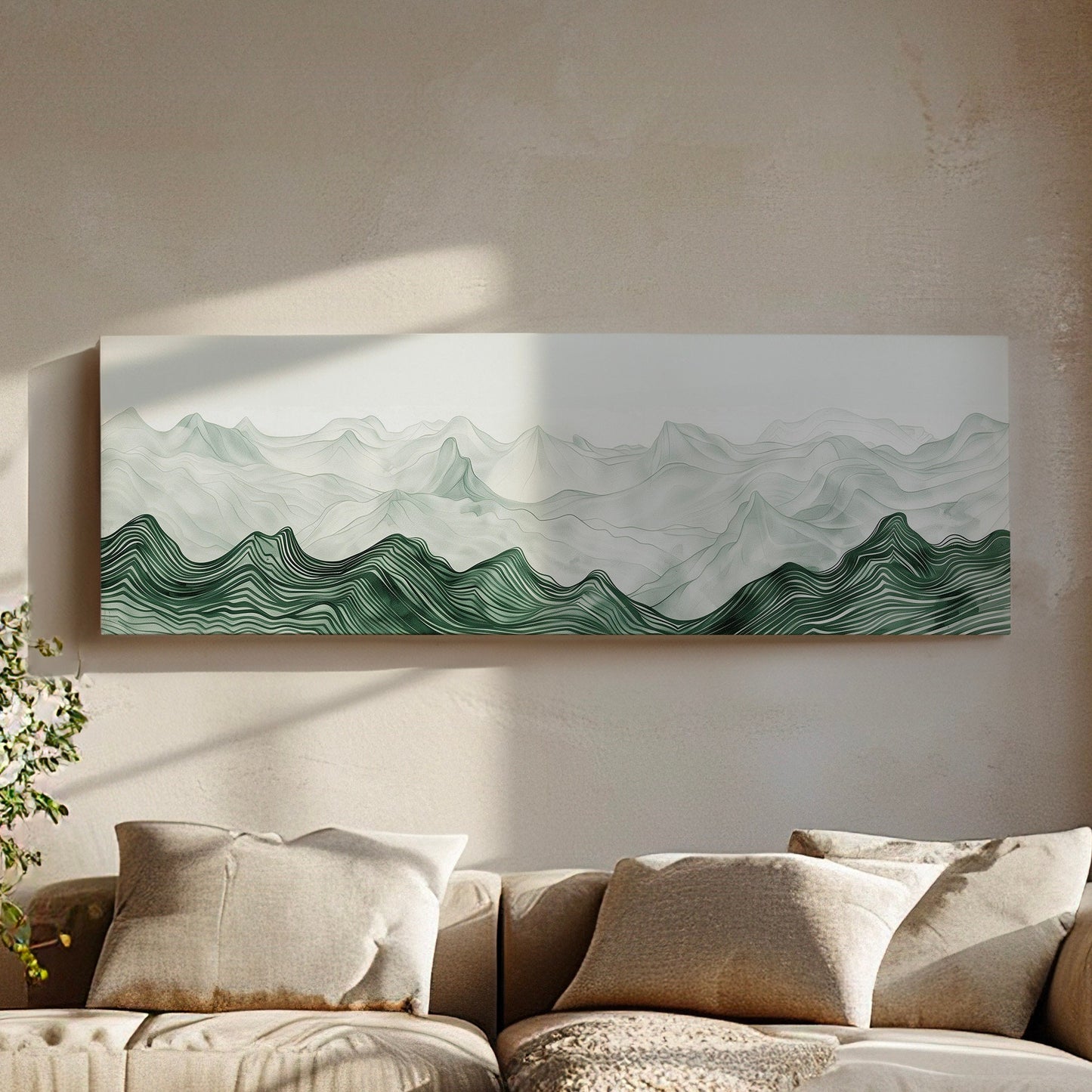 Landscape Sage Green Drawing Long Horizontal Wall Art Above bed, Panoramic Abstract Canvas Print, Minimalist Decor Canvas Art