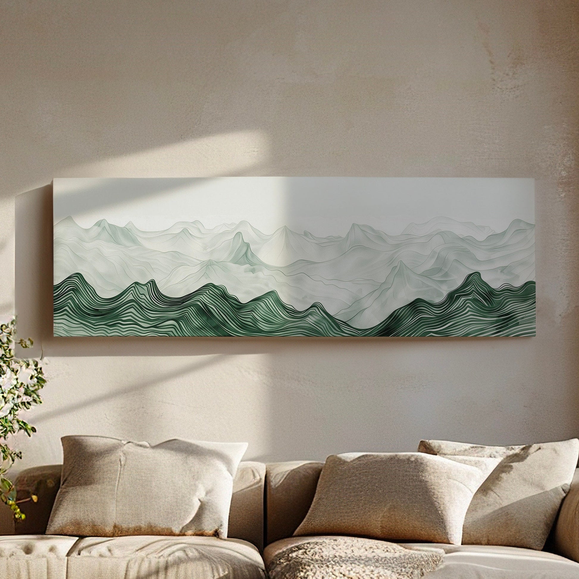 Landscape Sage Green Drawing Long Horizontal Wall Art Above bed, Panoramic Abstract Canvas Print, Minimalist Decor Canvas Art
