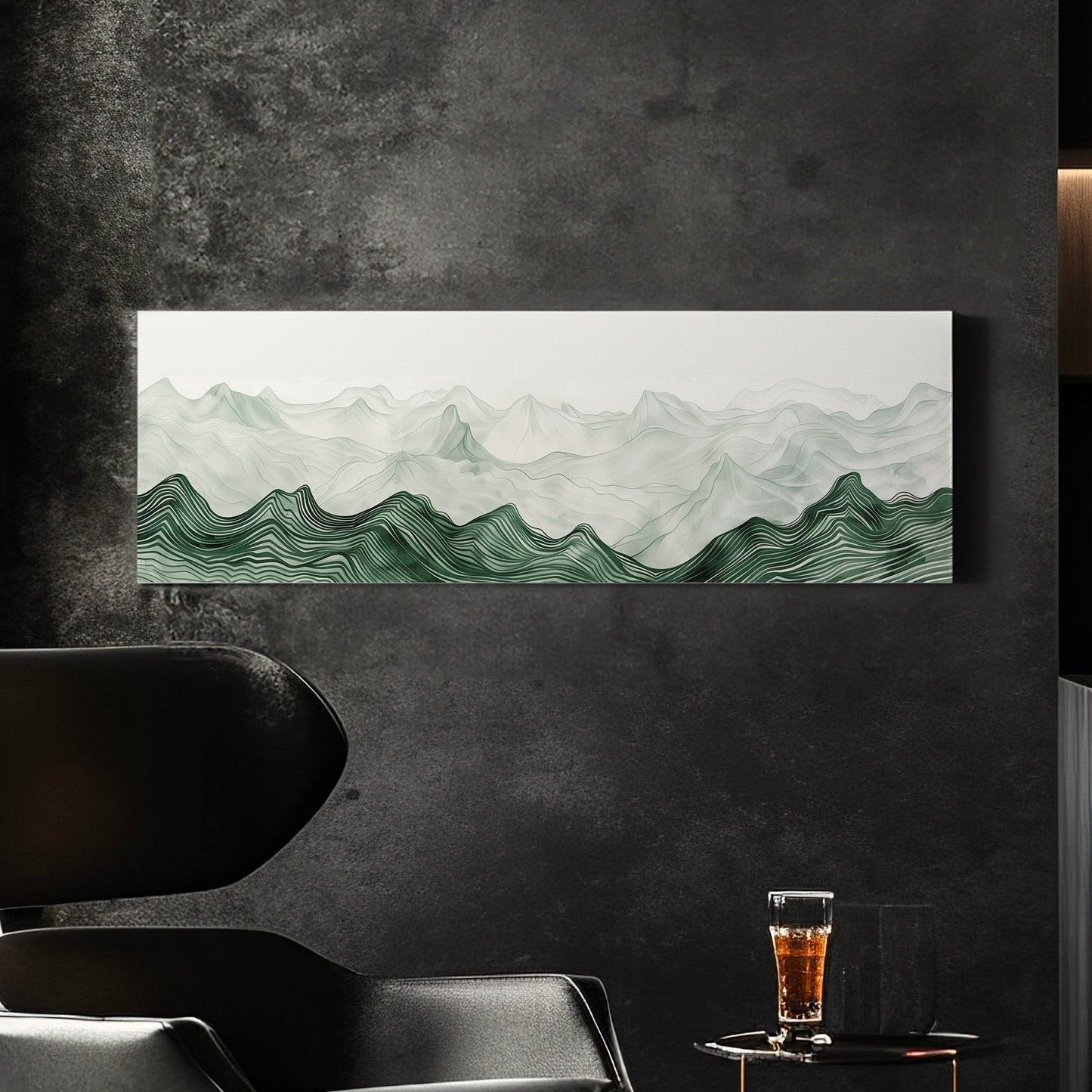 Landscape Sage Green Drawing Long Horizontal Wall Art Above bed, Panoramic Abstract Canvas Print, Minimalist Decor Canvas Art