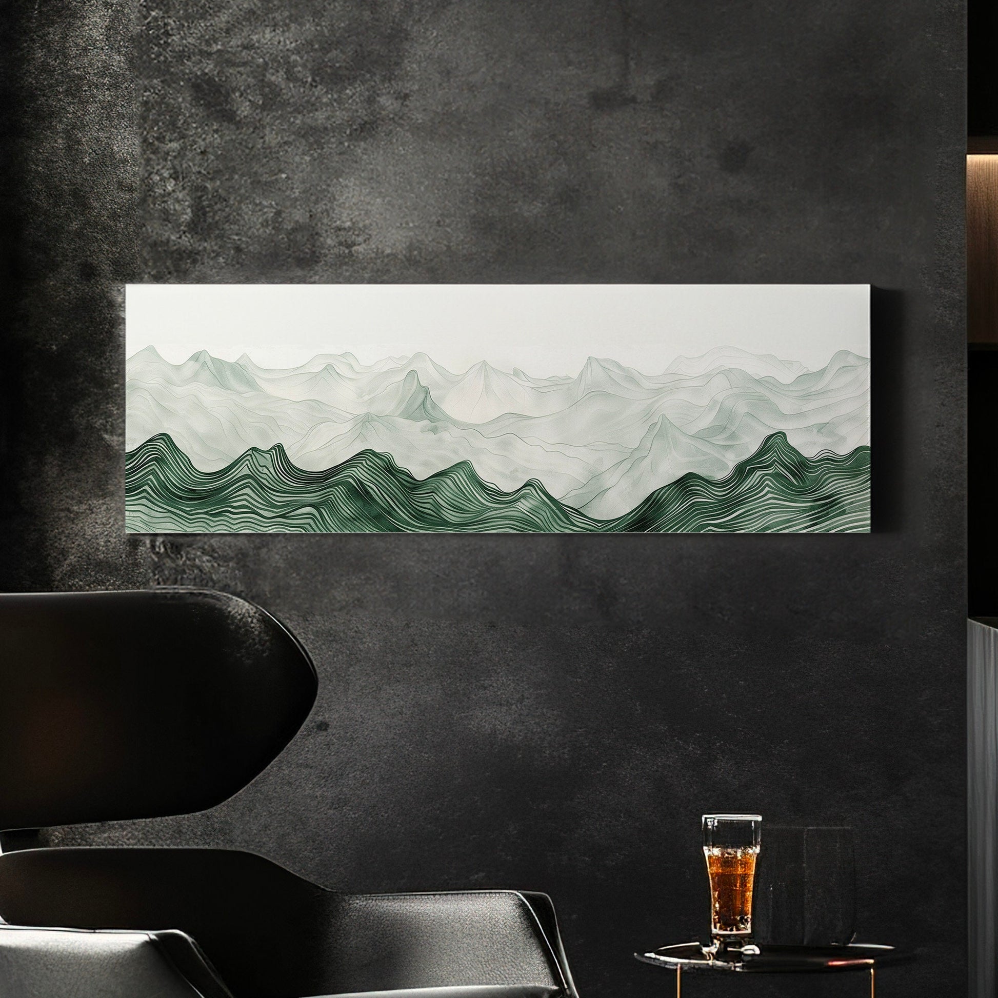Landscape Sage Green Drawing Long Horizontal Wall Art Above bed, Panoramic Abstract Canvas Print, Minimalist Decor Canvas Art
