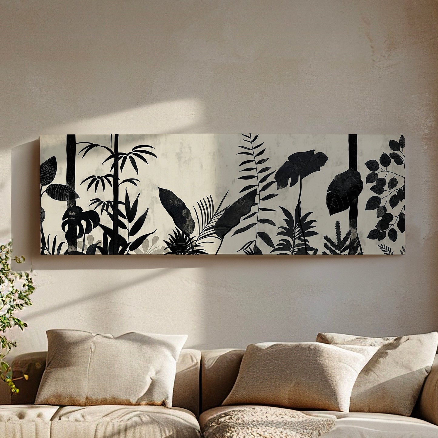 Jungle Scenery Long Horizontal Wall Art For Living Room, Panoramic Black and White Canvas Print, Botanical Decor Canvas Art