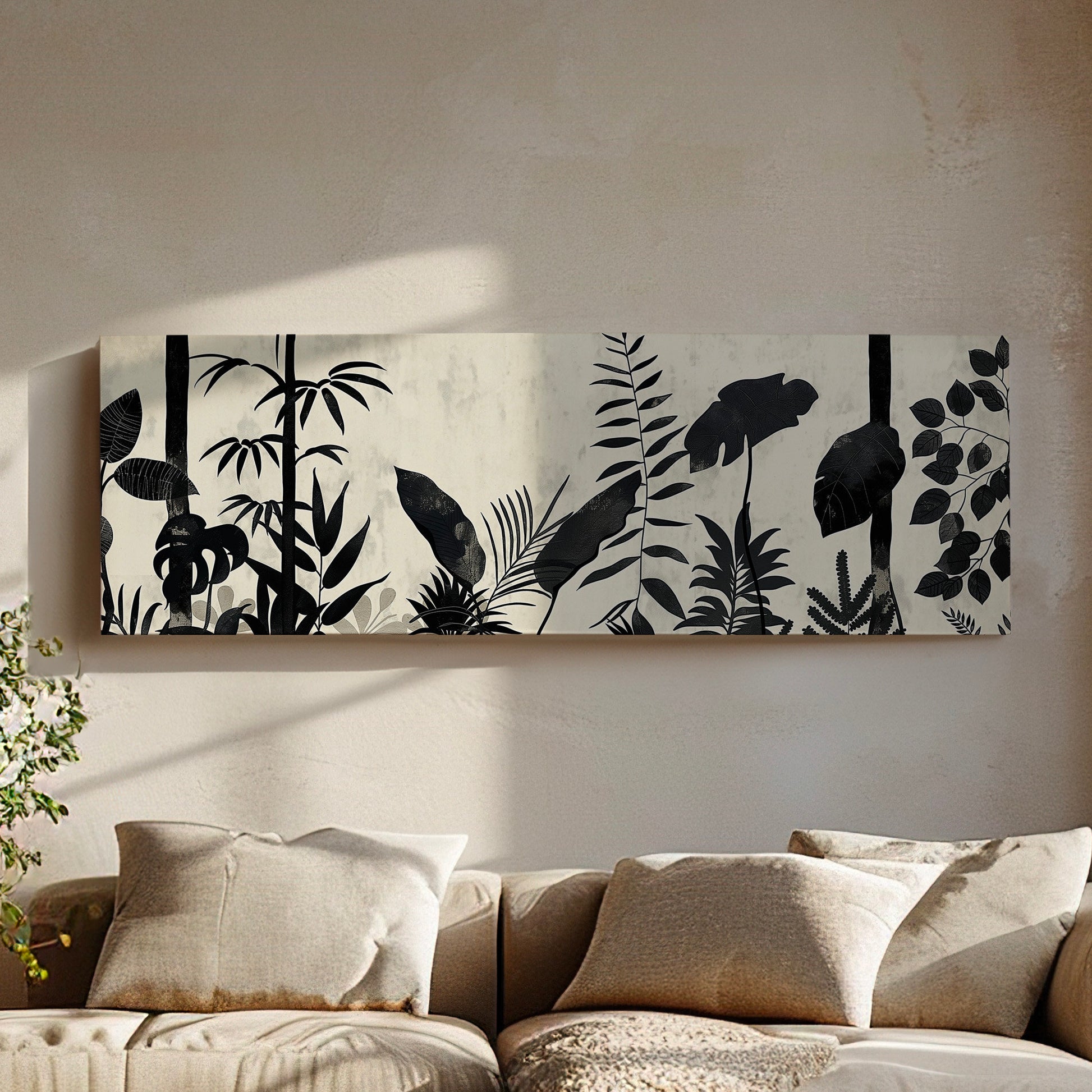 Jungle Scenery Long Horizontal Wall Art For Living Room, Panoramic Black and White Canvas Print, Botanical Decor Canvas Art