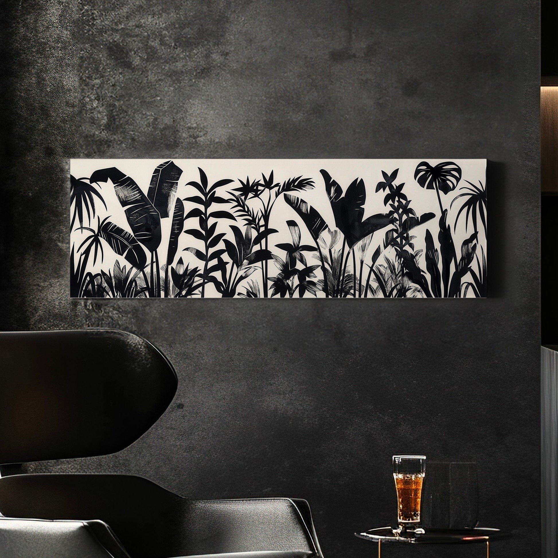 Jungle Plants Long Horizontal Wall Art For Bedroom, Panoramic Black and White Canvas Print, Botanical Decor Canvas Art