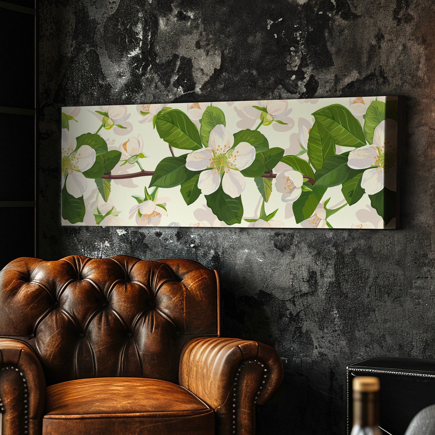 Jasmine Branch Long Horizontal Wall Art Above bed, Panoramic Botanical Artwork Canvas Print, Peaceful Decor Canvas Art