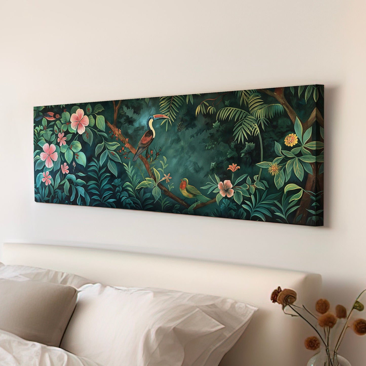 Jungle Birds Canvas Print: Long Horizontal Vintage Oil Painting