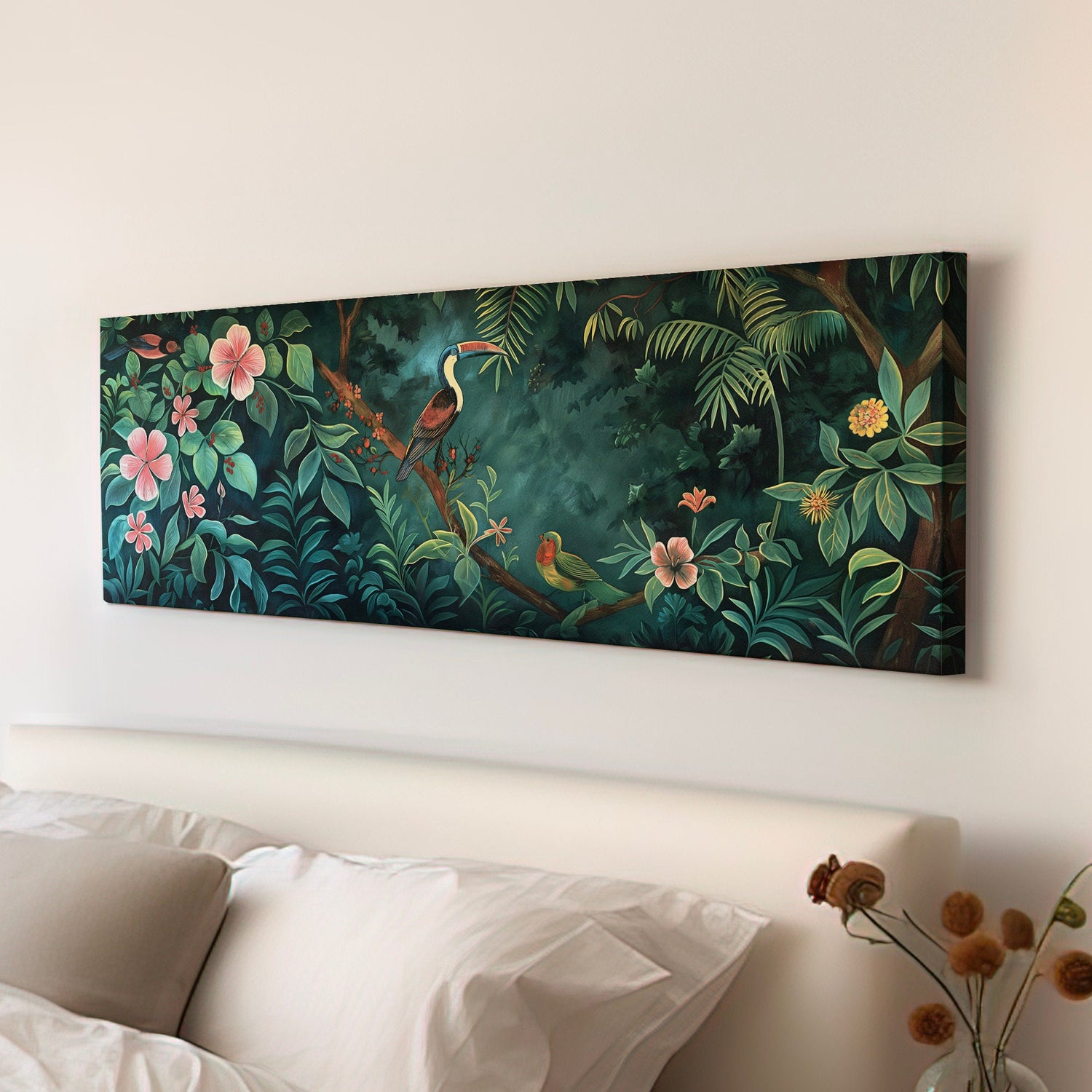 Jungle Birds Canvas Print: Long Horizontal Vintage Oil Painting