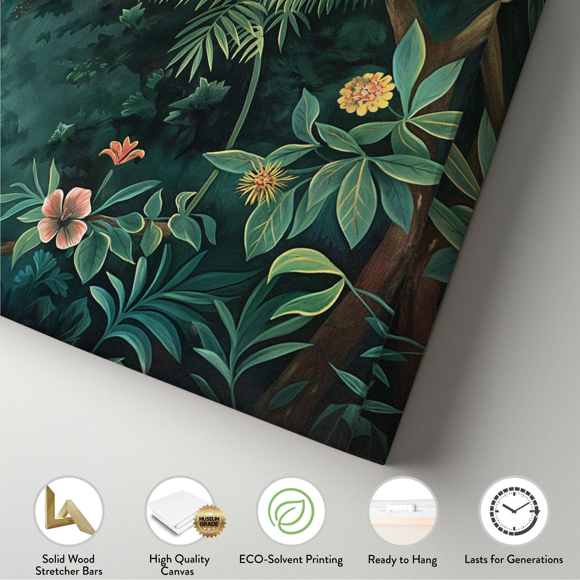 Jungle Birds Canvas Print: Long Horizontal Vintage Oil Painting