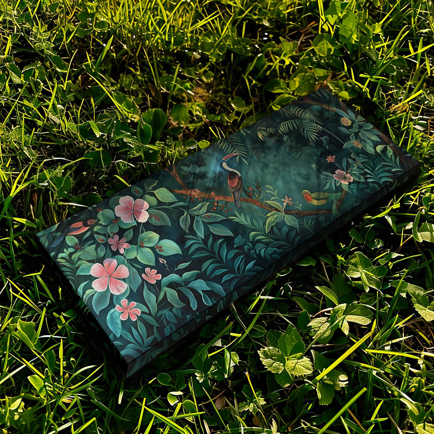 Jungle Birds Canvas Print: Long Horizontal Vintage Oil Painting