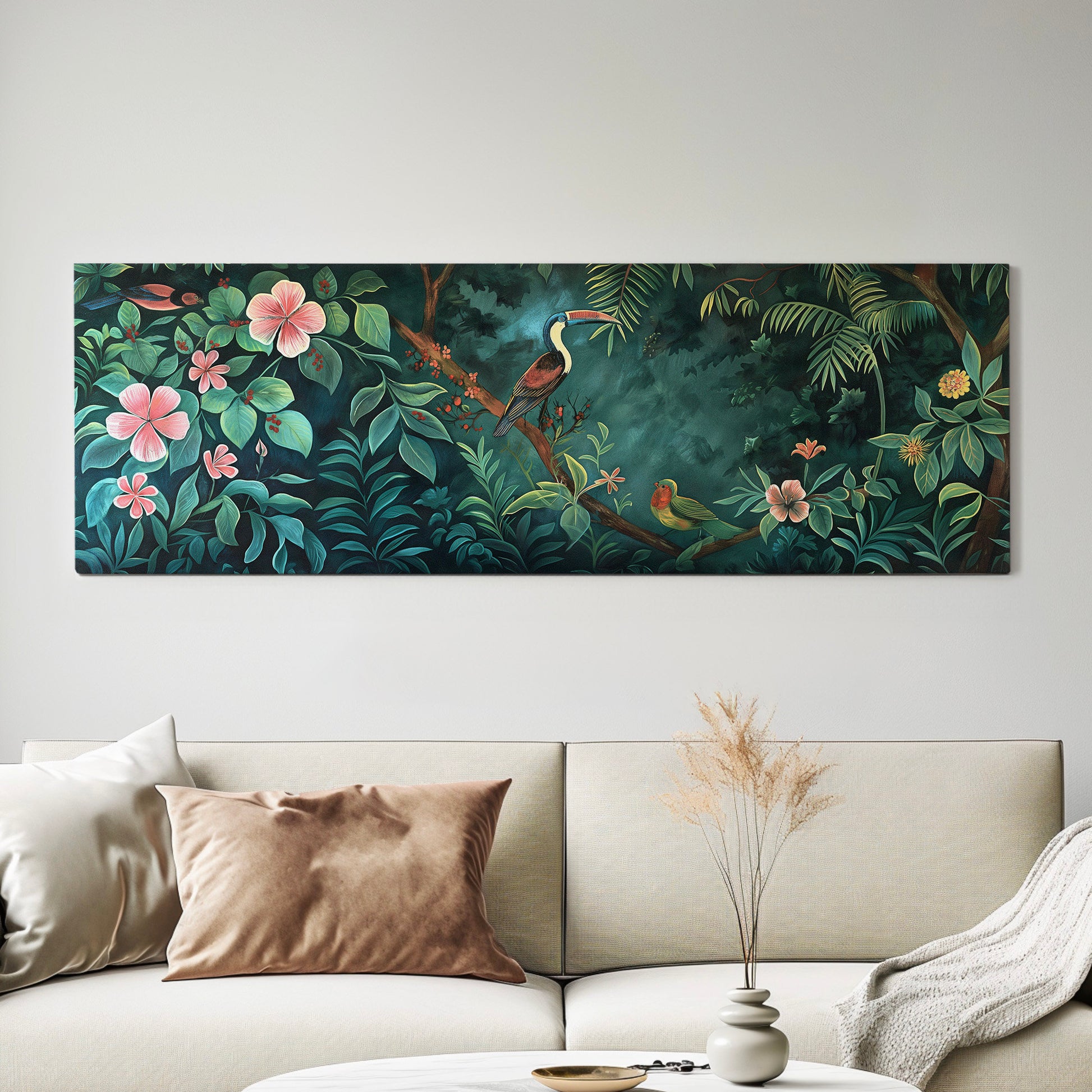Jungle Birds Canvas Print: Long Horizontal Vintage Oil Painting