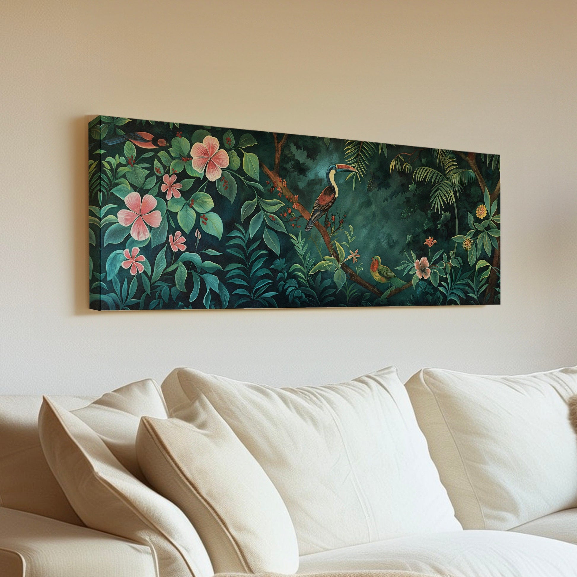 Jungle Birds Canvas Print: Long Horizontal Vintage Oil Painting