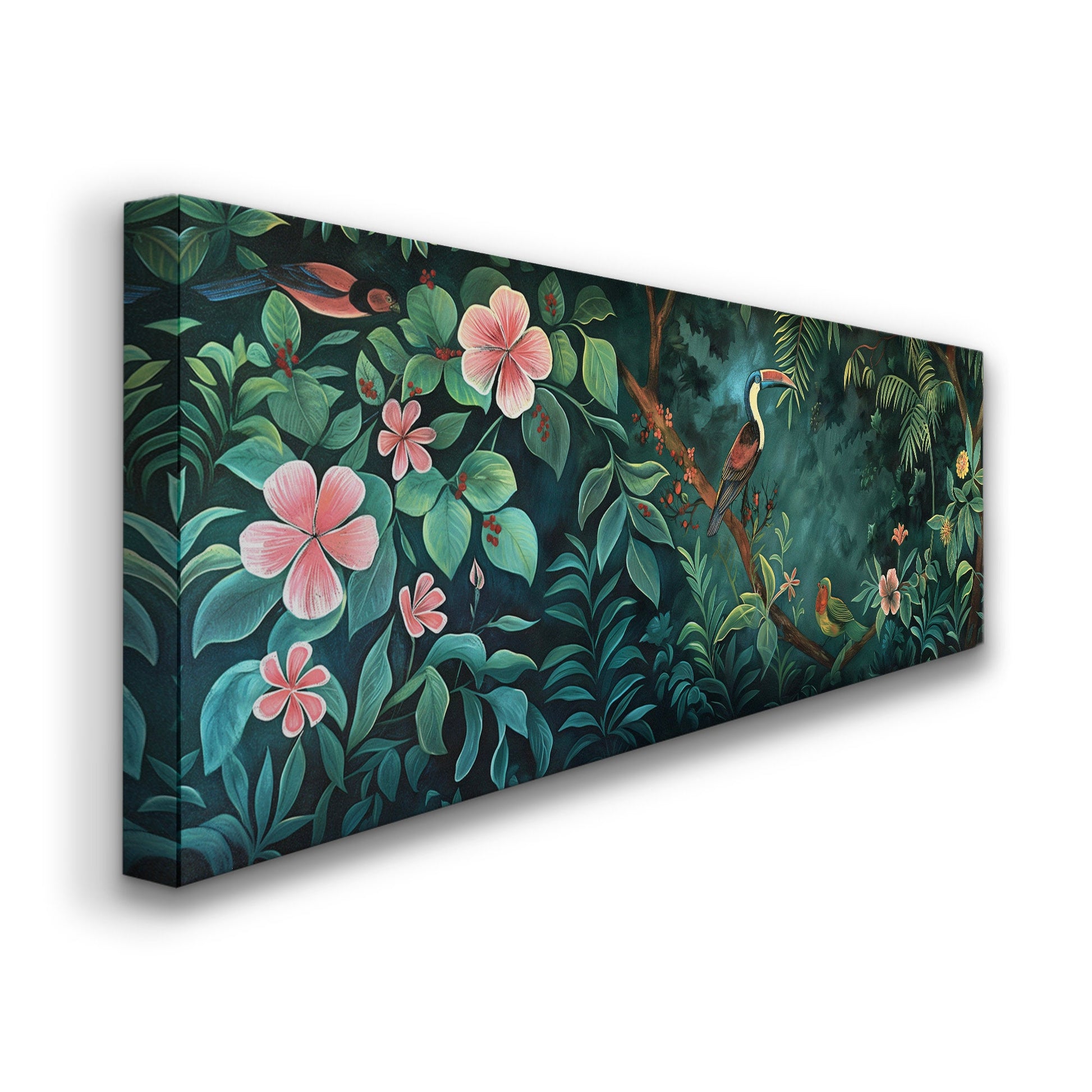 Jungle Birds Canvas Print: Long Horizontal Vintage Oil Painting