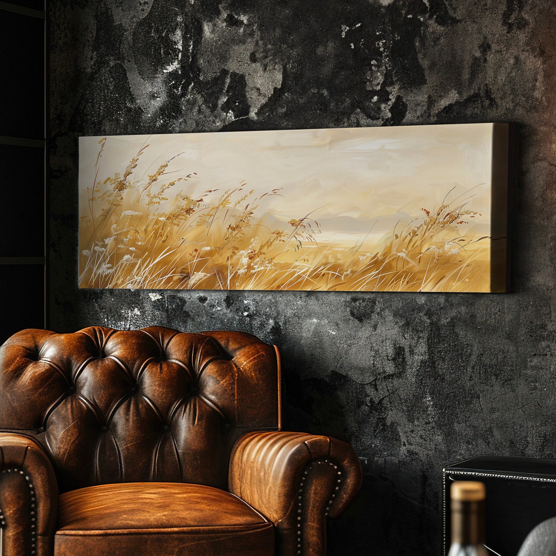 Golden Wildflower Field Long Horizontal Wall Art For Living Room, Panoramic Beautiful Scene Canvas Print, Farmhouse Decor Canvas Art