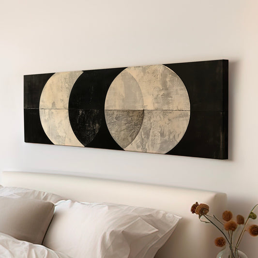 Geometric Planets Long Horizontal Wall Art For Living Room, Panoramic Mid Century Modern Canvas Print, Moon Decor Canvas Art