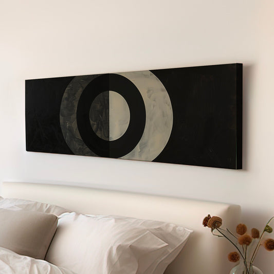Geometric Planets Long Horizontal Wall Art For bedroom, Panoramic Mid Century Modern Canvas Print, Lunar Decor Canvas Art