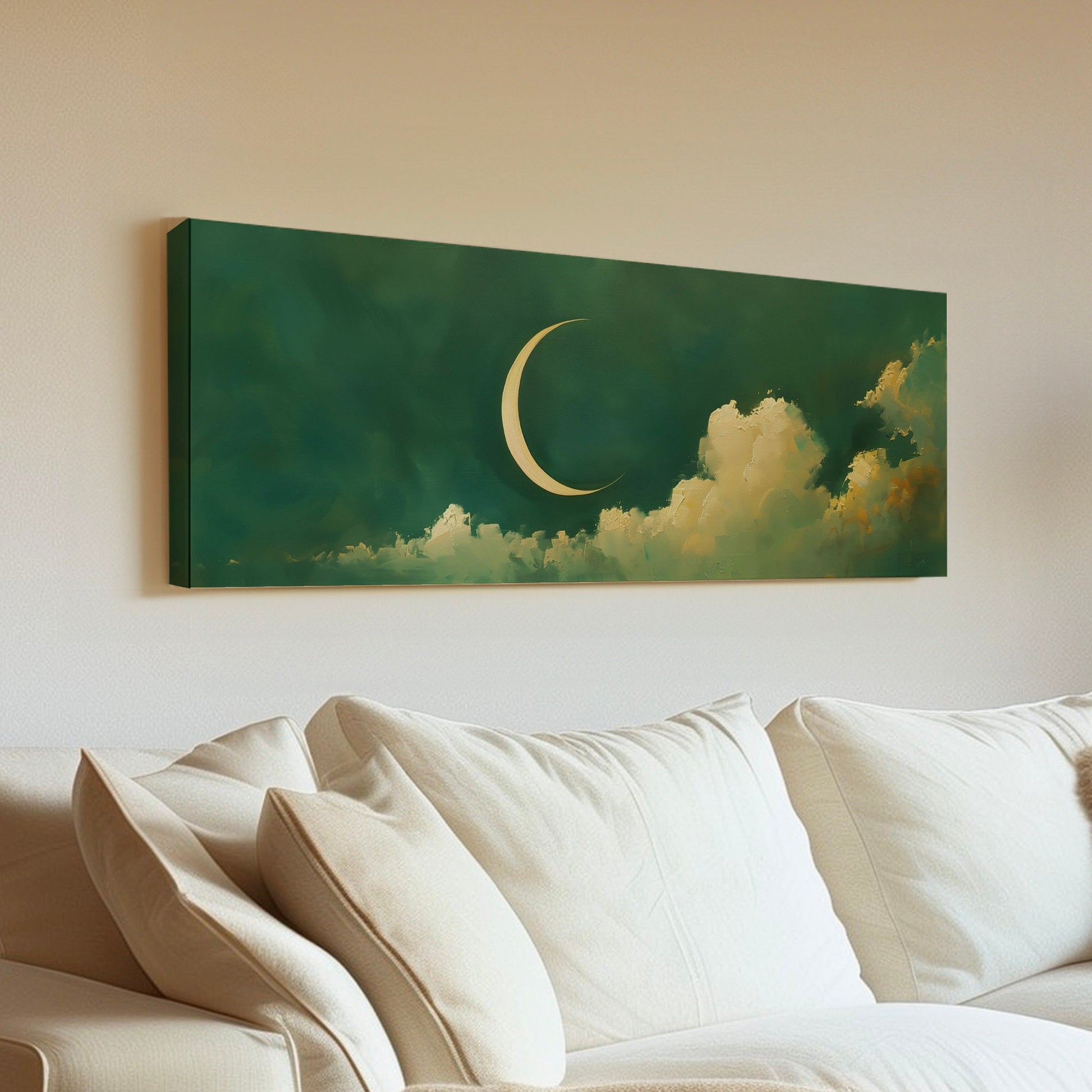 Crescent Moon Long Horizontal Wall Art Above Bed, Panoramic Lunar Green Canvas Print, Moody Cloud Decor Canvas Art