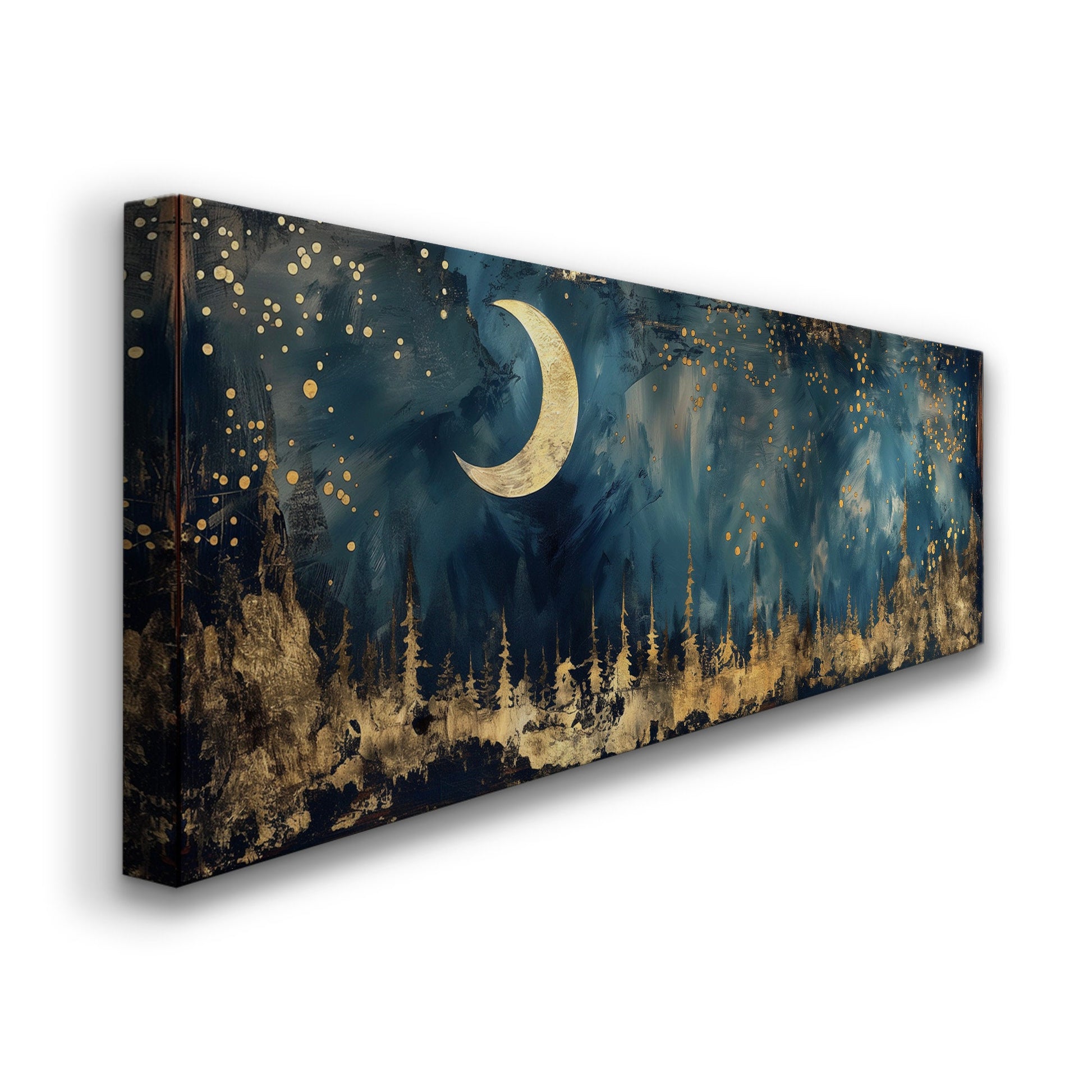 Crescent Moon Long Horizontal Wall Art Above Bed, Panoramic Gold And Blue Canvas Print, Mystic Forest Decor Canvas Art