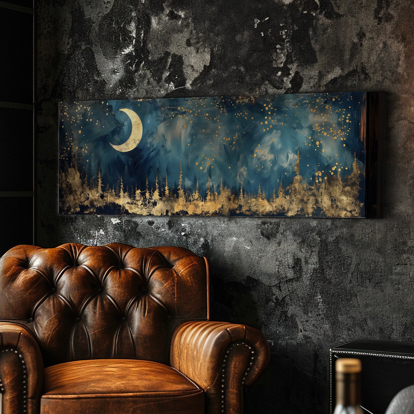 Crescent Moon Long Horizontal Wall Art Above Bed, Panoramic Gold And Blue Canvas Print, Mystic Forest Decor Canvas Art