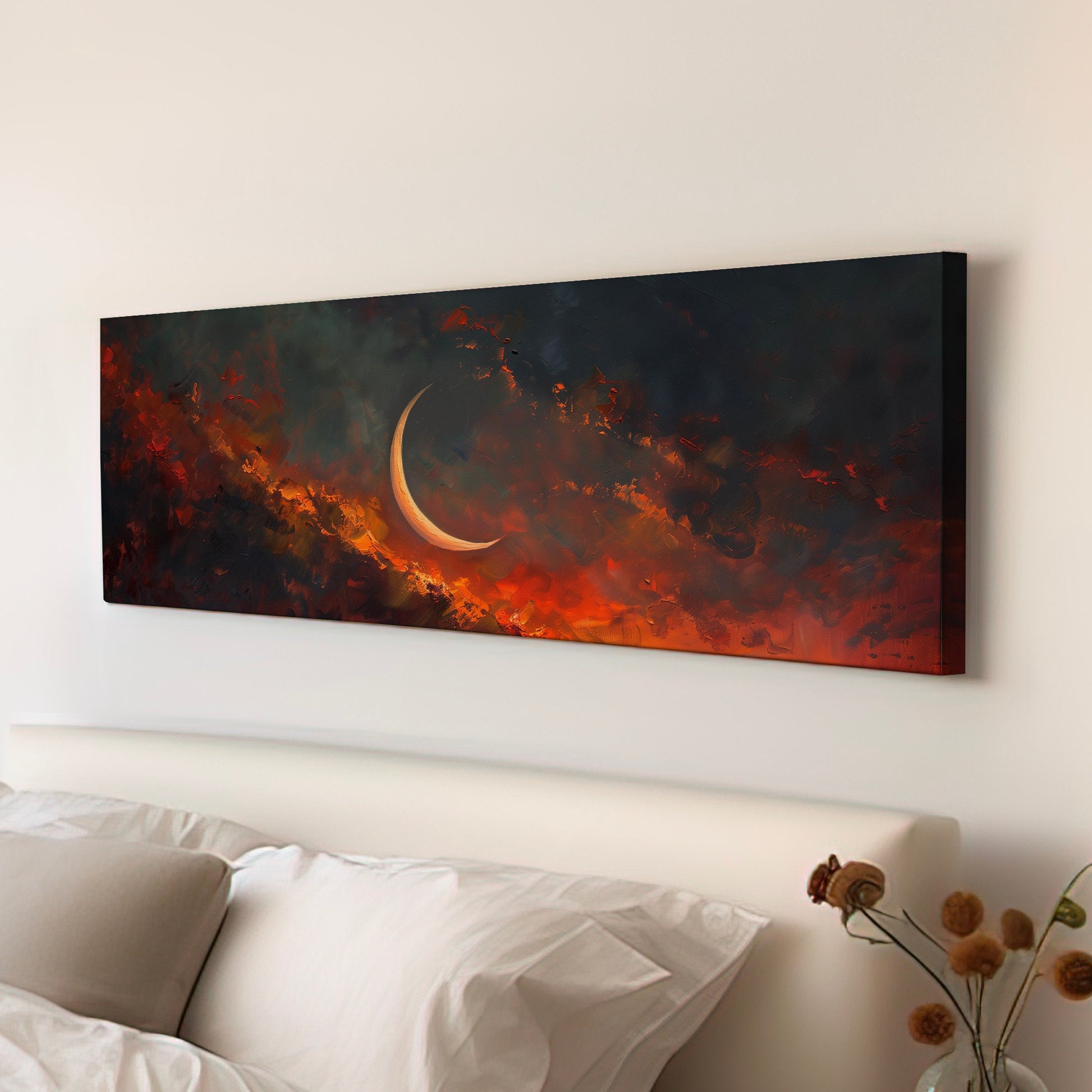 Crescent Moon Long Horizontal Wall Art Above Bed, Panoramic Fire Red Sky Canvas Print, Moody Cloud Decor Canvas Art