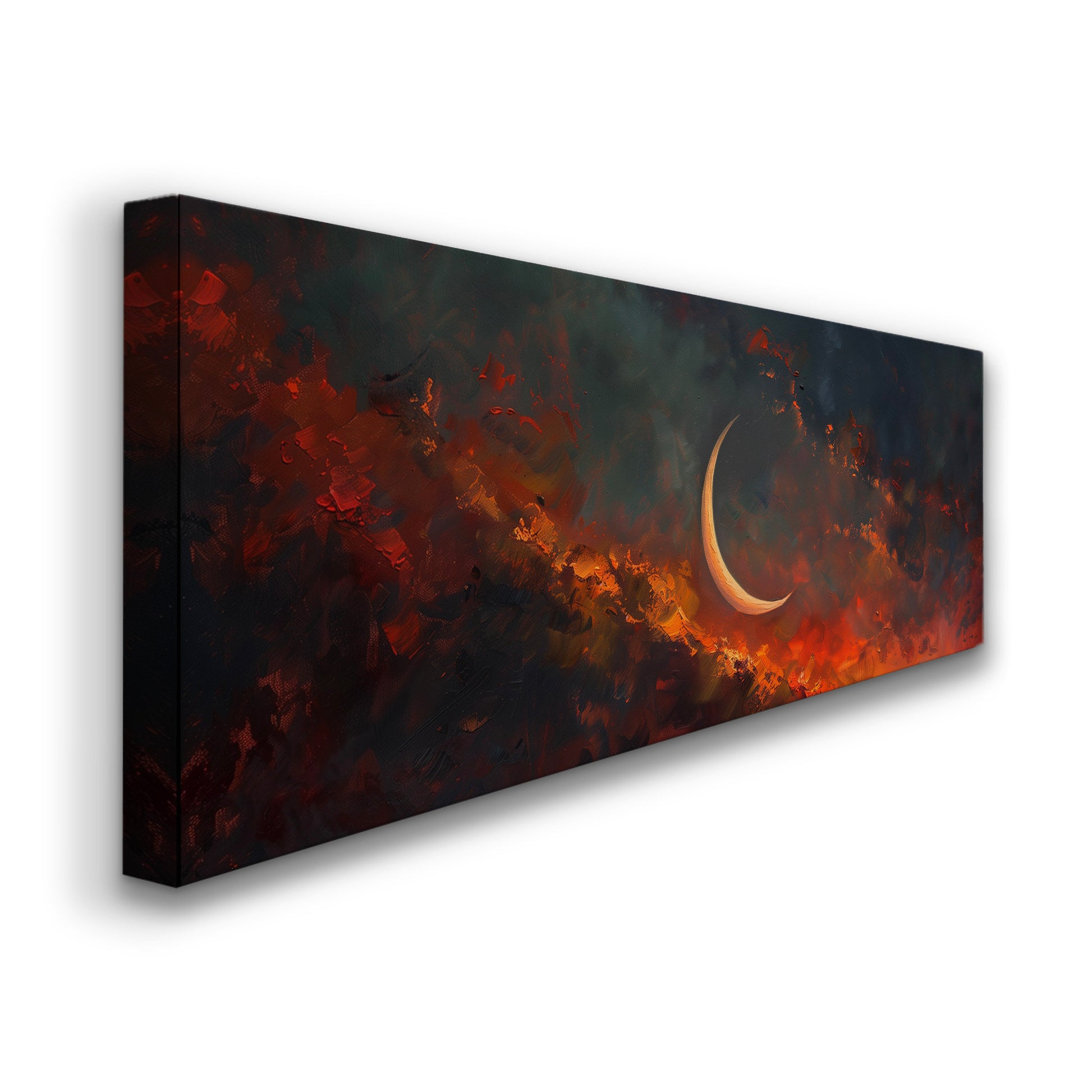 Crescent Moon Long Horizontal Wall Art Above Bed, Panoramic Fire Red Sky Canvas Print, Moody Cloud Decor Canvas Art