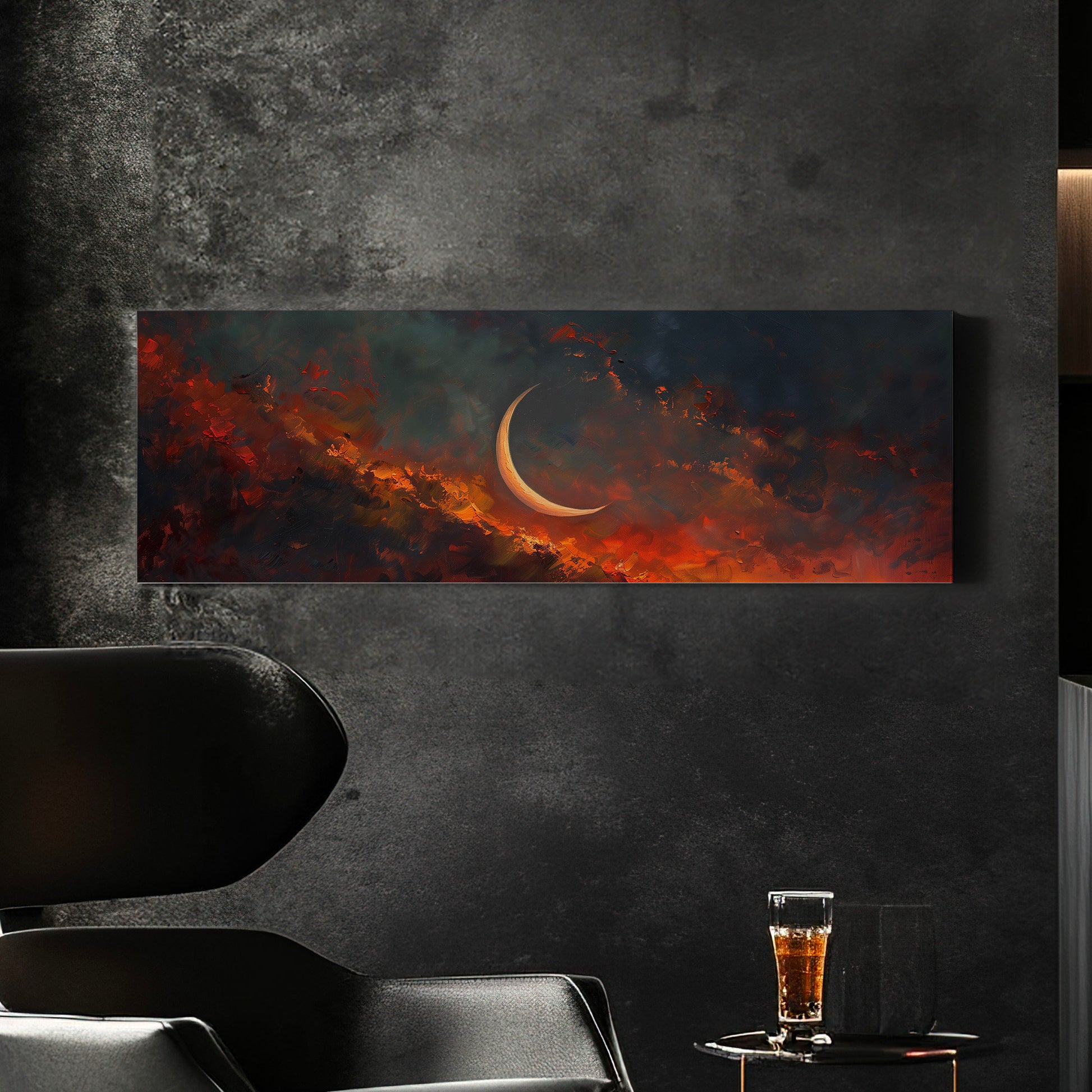 Crescent Moon Long Horizontal Wall Art Above Bed, Panoramic Fire Red Sky Canvas Print, Moody Cloud Decor Canvas Art