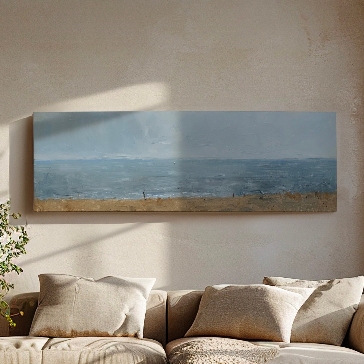 Coastal Seascape Long Horizontal Wall Art For Living Room, Panoramic Sandy Beach Sunset Canvas Print, Nautical Decor Canvas Art
