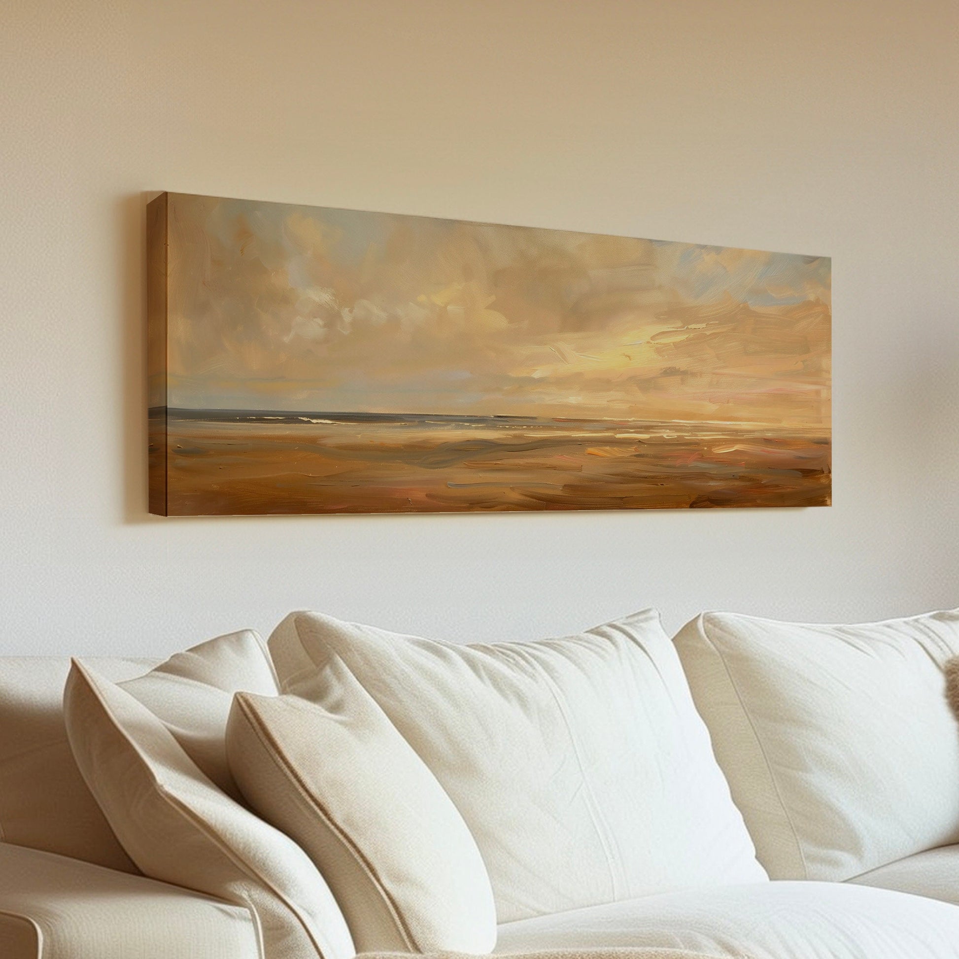 Coastal Seascape Long Horizontal Wall Art Above Bed, Panoramic Beach Sunset Canvas Print, Nautical Decor Canvas Art