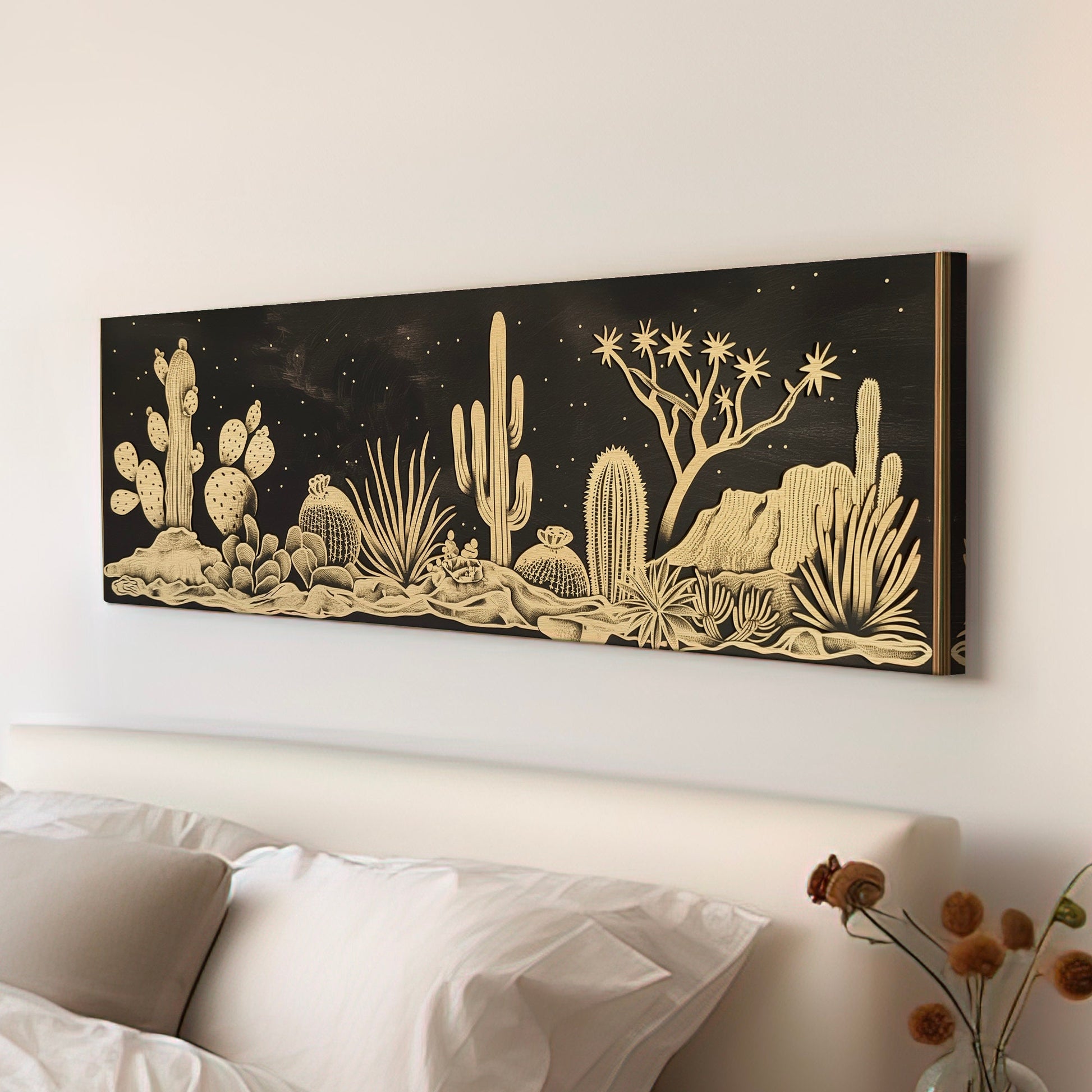 Cactus In the Desert Long Horizontal Wall Art For Guest Room, Panoramic Gold and Black Canvas Print, Southwestern Decor Canvas Art