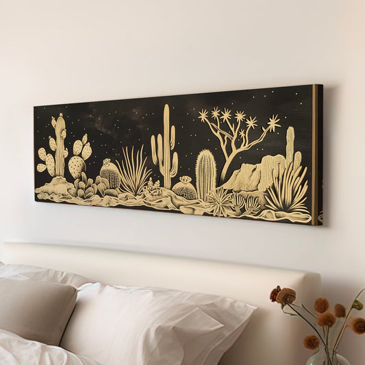 Cactus In the Desert Long Horizontal Wall Art For Guest Room, Panoramic Gold and Black Canvas Print, Southwestern Decor Canvas Art