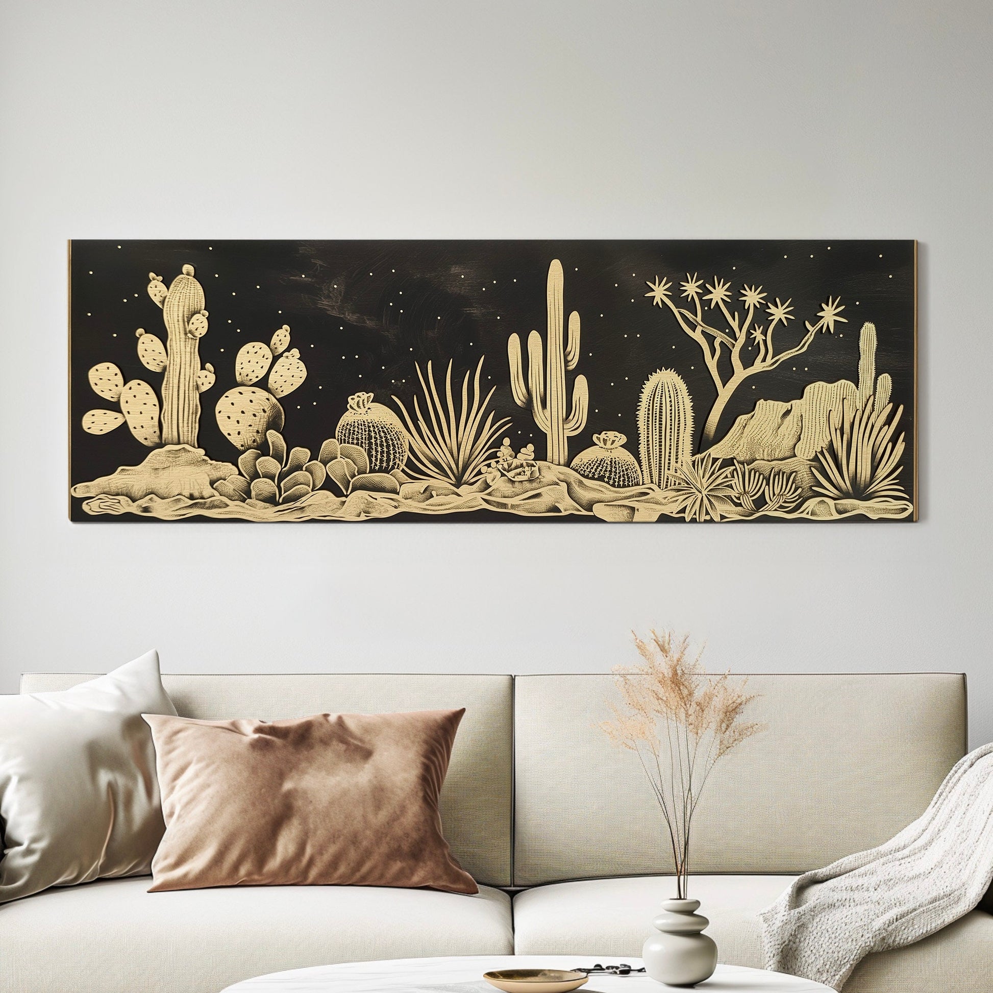 Cactus In the Desert Long Horizontal Wall Art For Guest Room, Panoramic Gold and Black Canvas Print, Southwestern Decor Canvas Art
