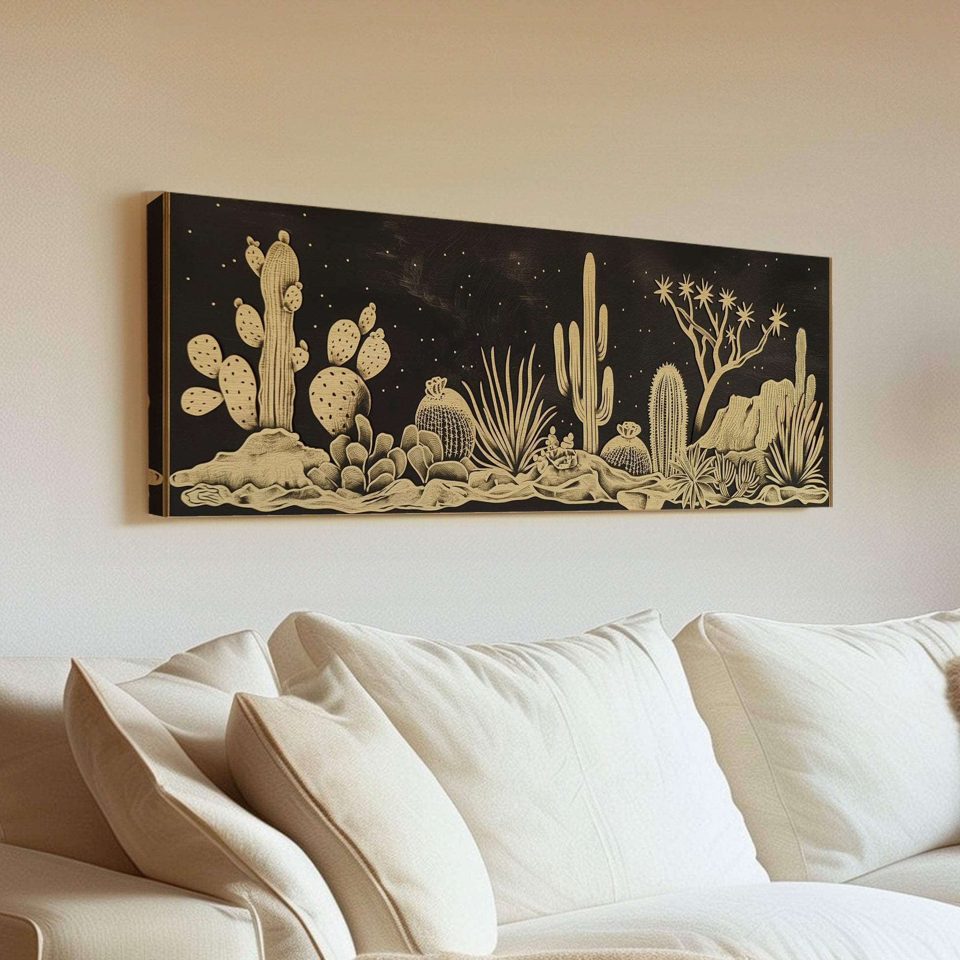 Cactus In the Desert Long Horizontal Wall Art For Guest Room, Panoramic Gold and Black Canvas Print, Southwestern Decor Canvas Art