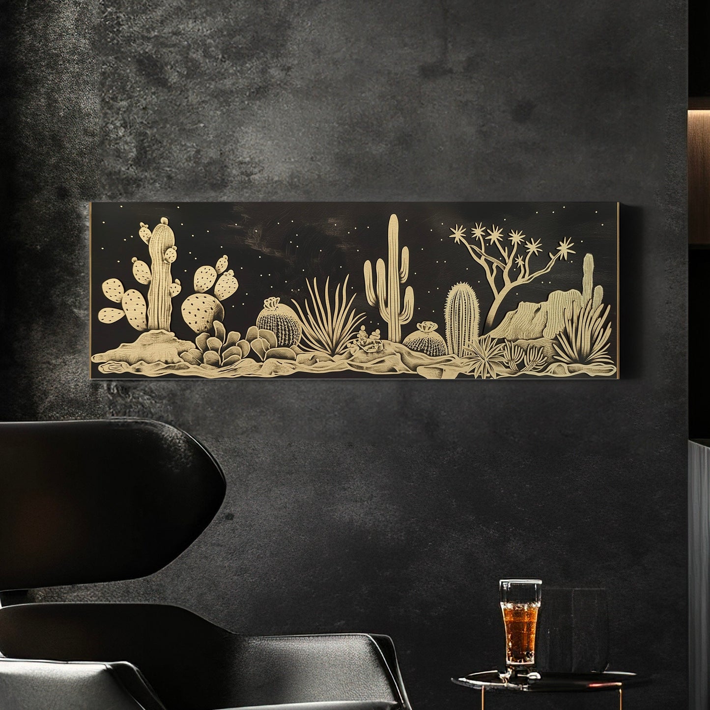 Cactus In the Desert Long Horizontal Wall Art For Guest Room, Panoramic Gold and Black Canvas Print, Southwestern Decor Canvas Art