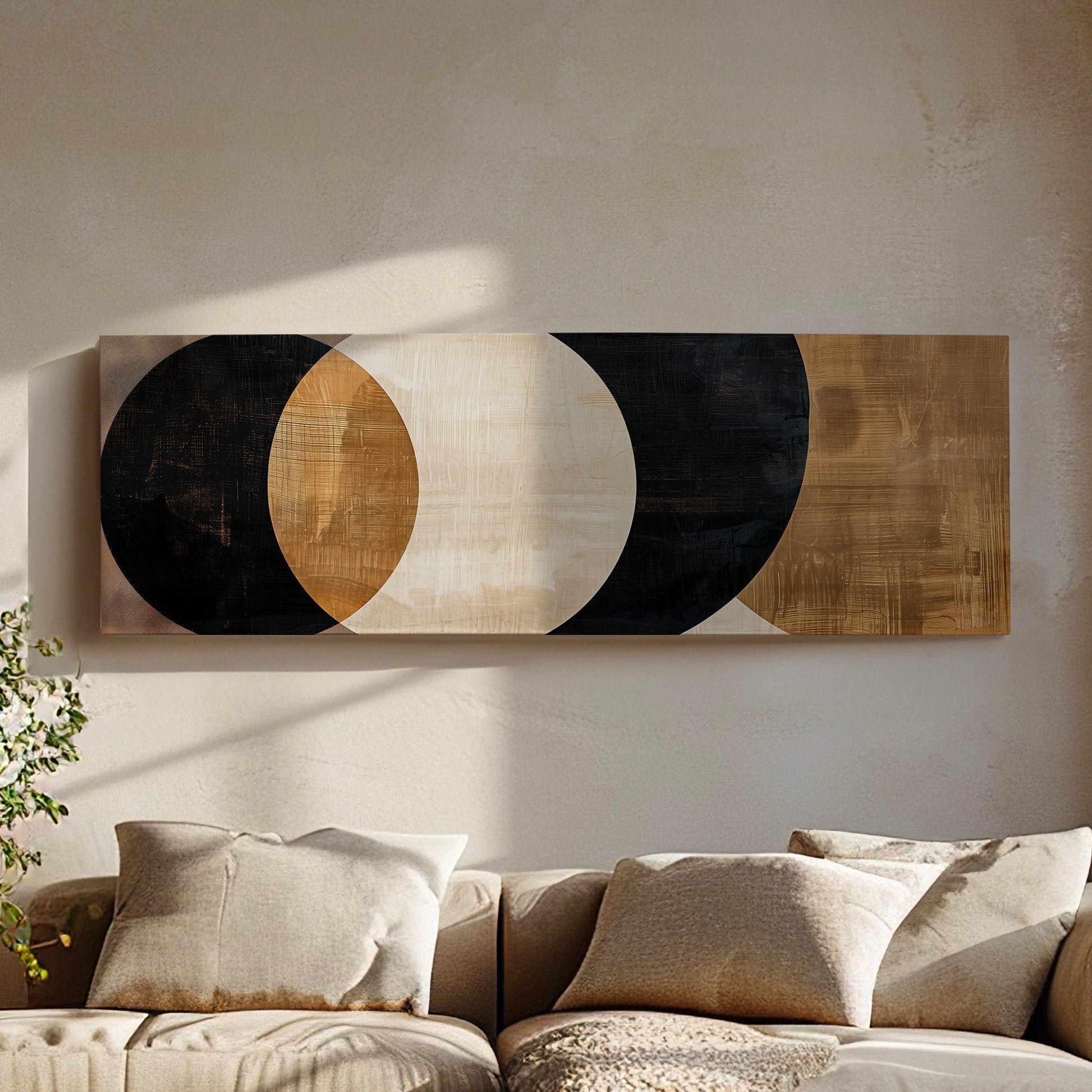 Black Brown Abstract Shapes Long Horizontal Wall Art For Living Room, Panoramic Latte Coffee Canvas Print, Barista Decor Canvas Art
