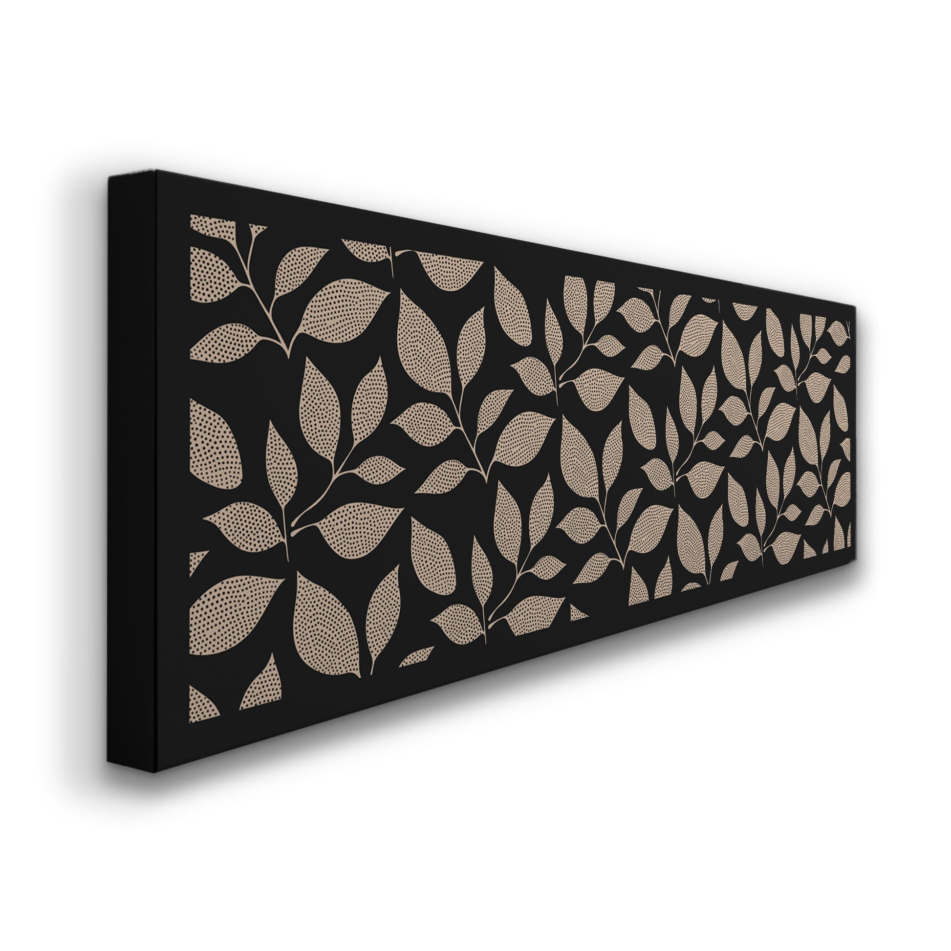 Beige Floral Pattern Long Horizontal Wall Art For Living Room, Panoramic Botanic Canvas Print, Dark Decor Canvas Art