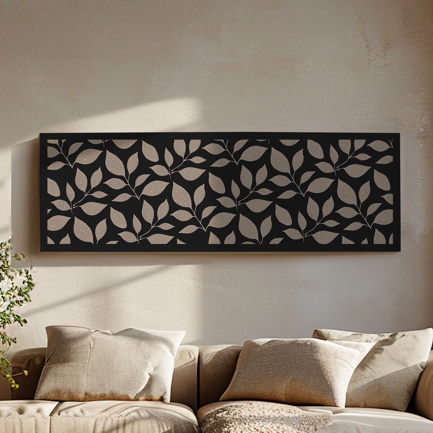 Beige Floral Pattern Long Horizontal Wall Art For Living Room, Panoramic Botanic Canvas Print, Dark Decor Canvas Art