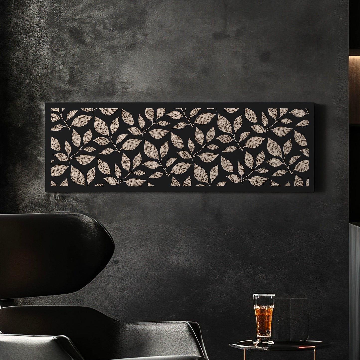 Beige Floral Pattern Long Horizontal Wall Art For Living Room, Panoramic Botanic Canvas Print, Dark Decor Canvas Art
