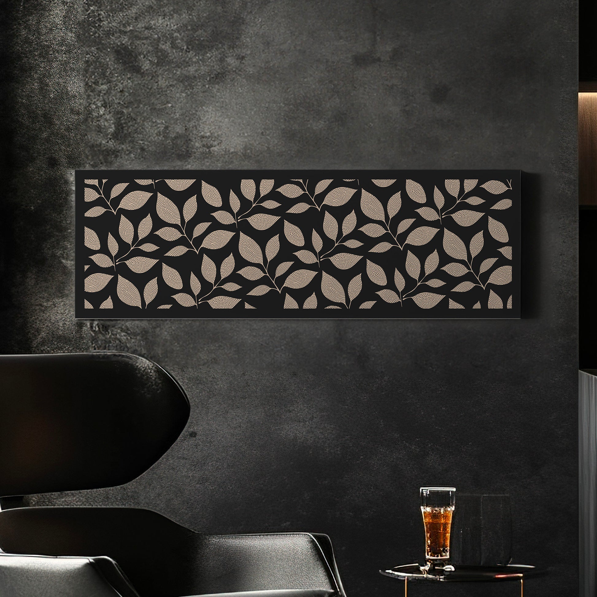 Beige Floral Pattern Long Horizontal Wall Art For Living Room, Panoramic Botanic Canvas Print, Dark Decor Canvas Art