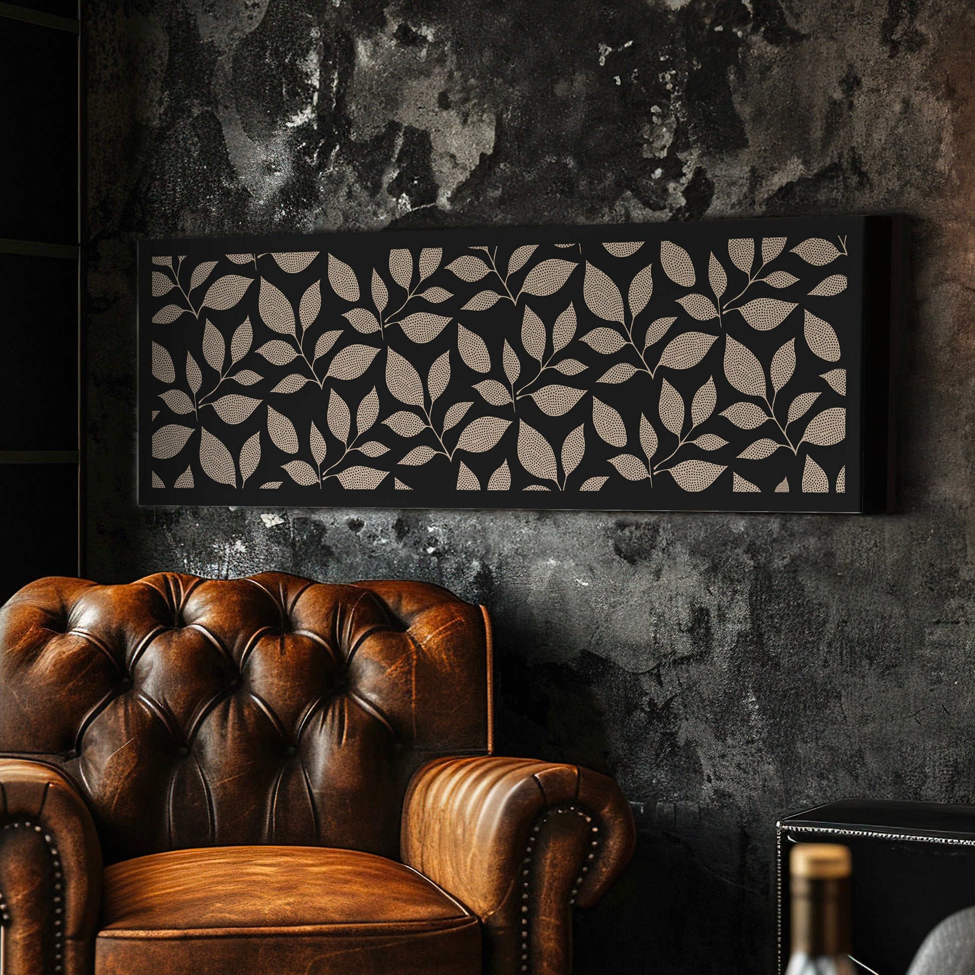 Beige Floral Pattern Long Horizontal Wall Art For Living Room, Panoramic Botanic Canvas Print, Dark Decor Canvas Art