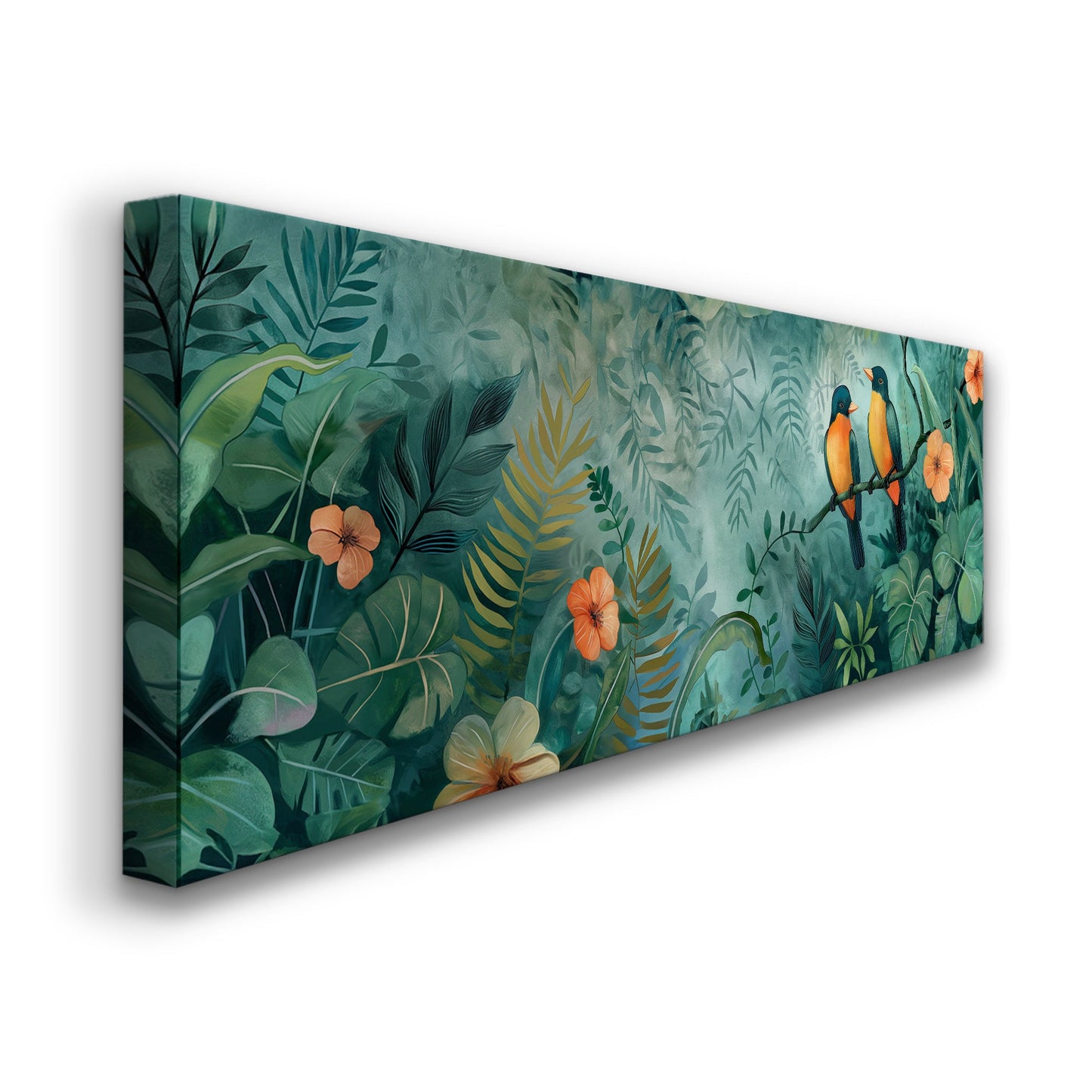 American Robin Couple Long Horizontal Wall Art For Living Room, Panoramic Jungle Canvas Print, Bird Decor Canvas Art