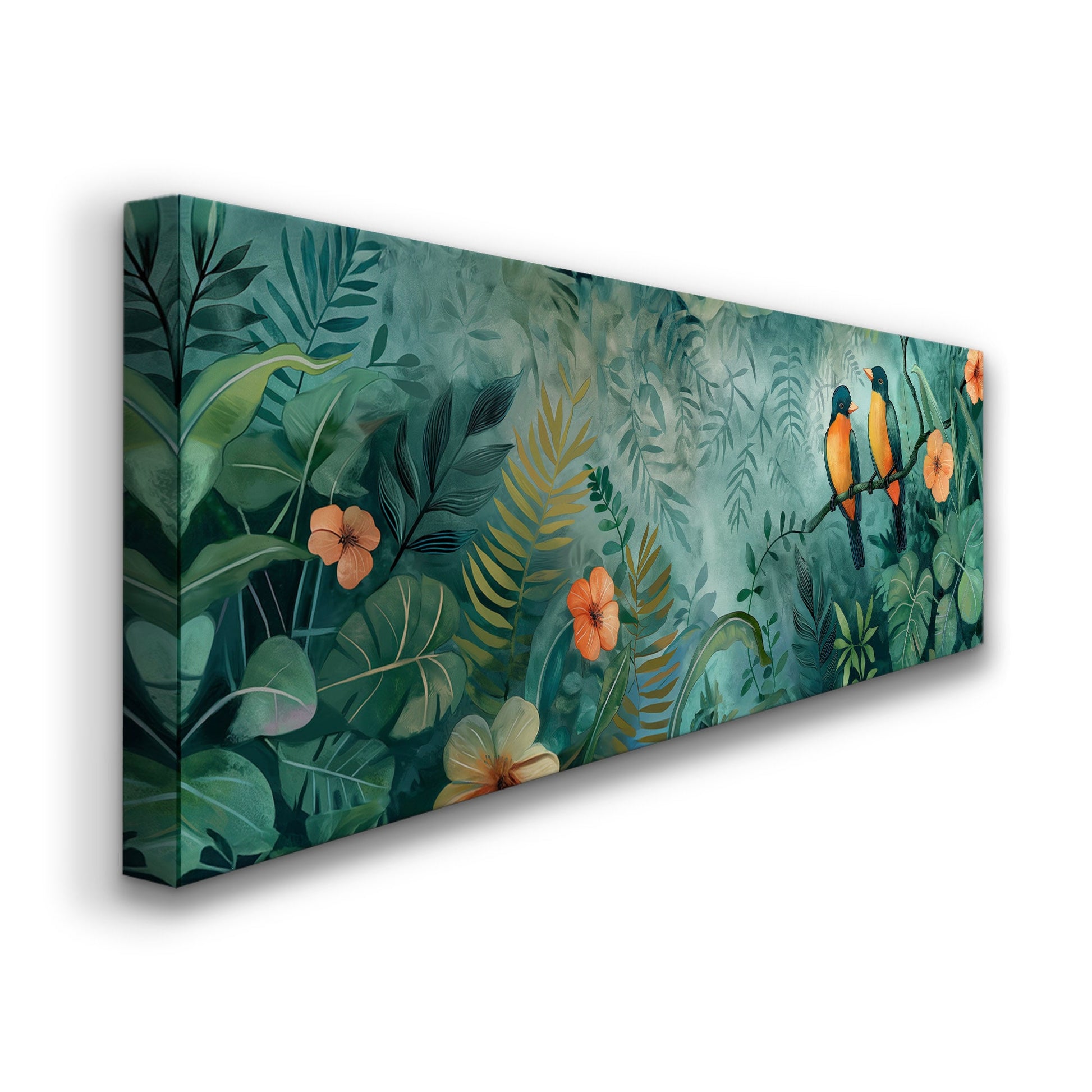 American Robin Couple Long Horizontal Wall Art For Living Room, Panoramic Jungle Canvas Print, Bird Decor Canvas Art