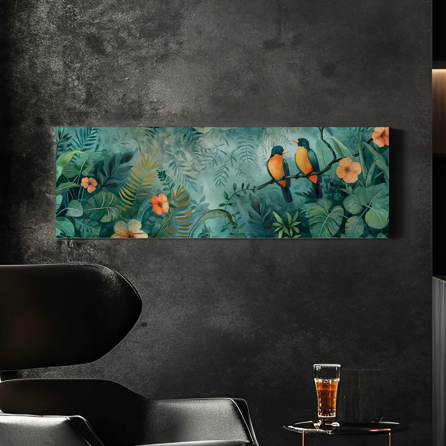 American Robin Couple Long Horizontal Wall Art For Living Room, Panoramic Jungle Canvas Print, Bird Decor Canvas Art