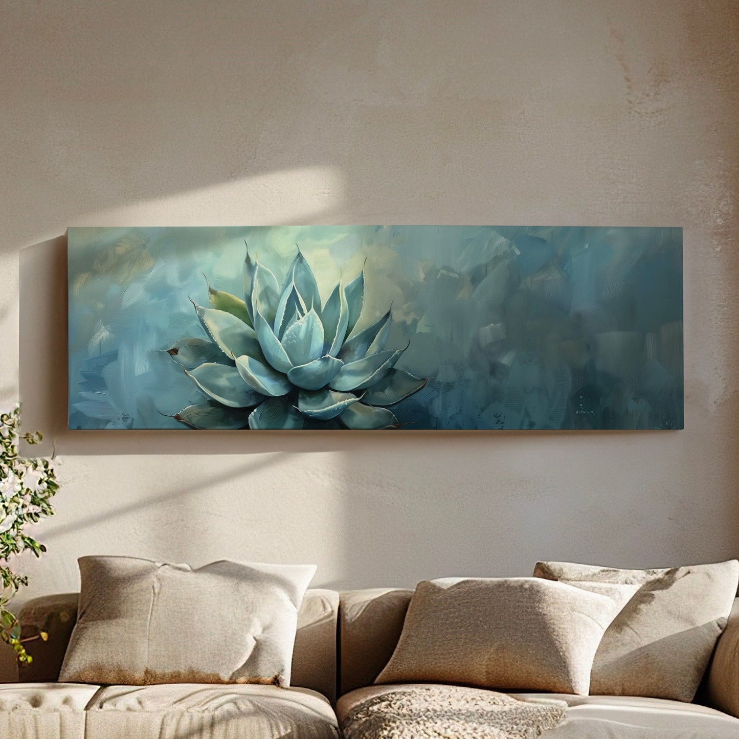 Agave Plant Long Horizontal Wall Art For Guest Room, Panoramic Cactus Canvas Print, Farmhouse Decor Canvas Art