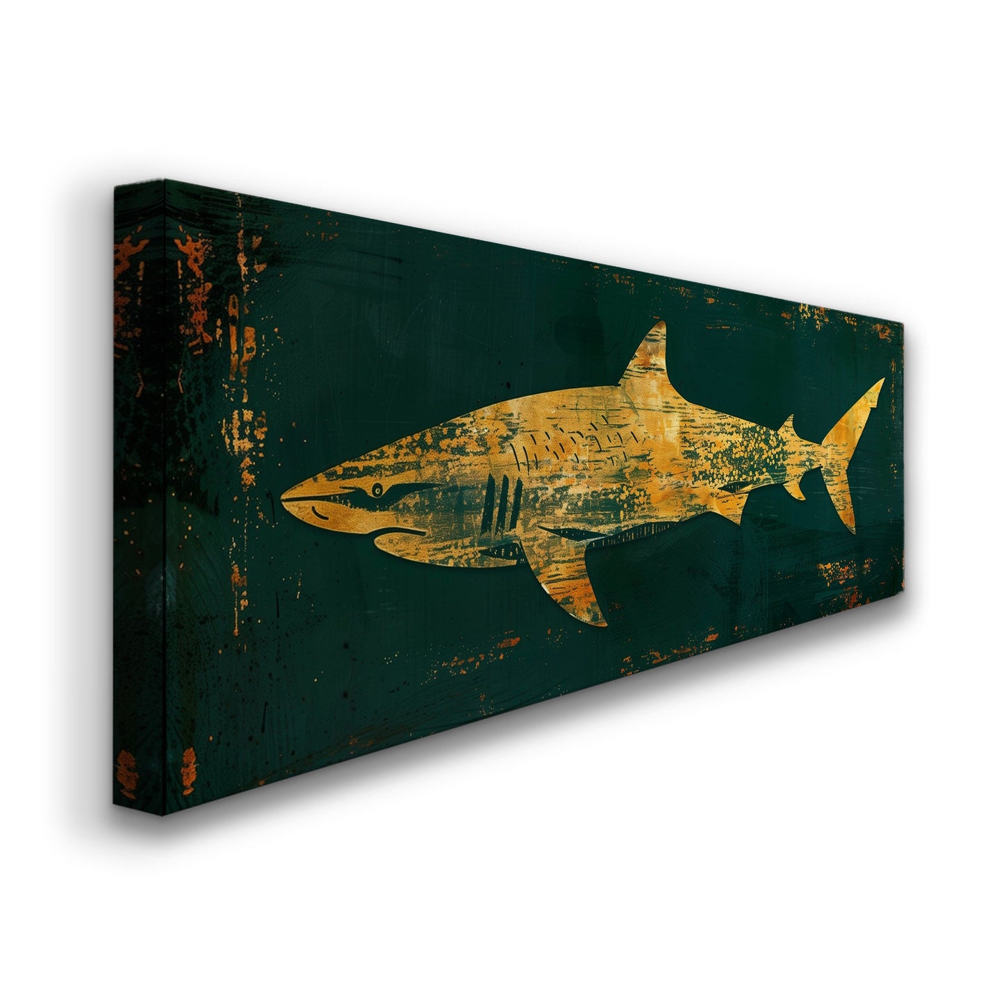 Abstract Shark Long Horizontal Wall Art For Bedroom, Panoramic Green and Gold Canvas Print, Ocean Decor Canvas Art