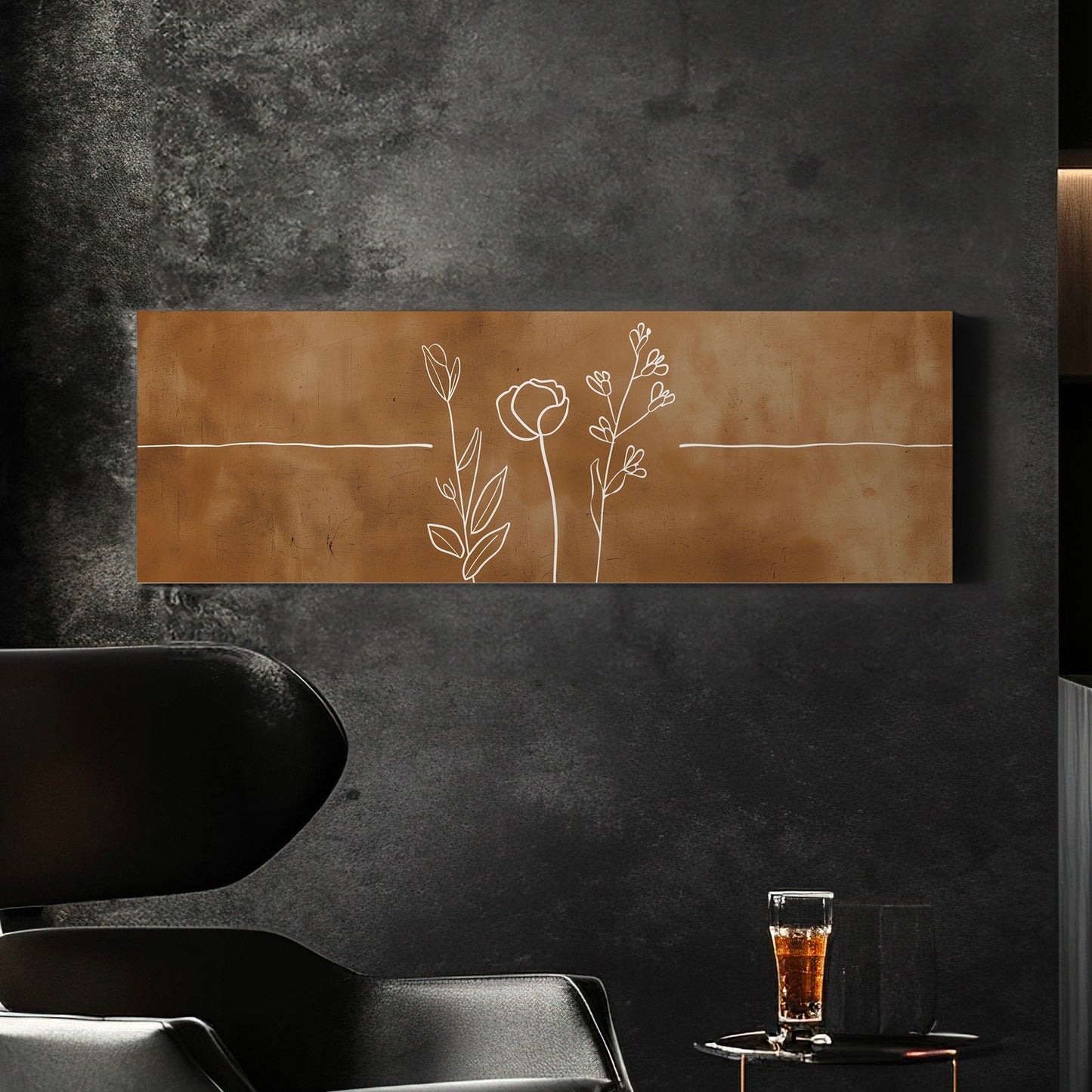 Abstract Flowers Long Horizontal Wall Art For Living Room, Panoramic Floral Line Art Canvas Print, Farmhouse Decor Canvas Art