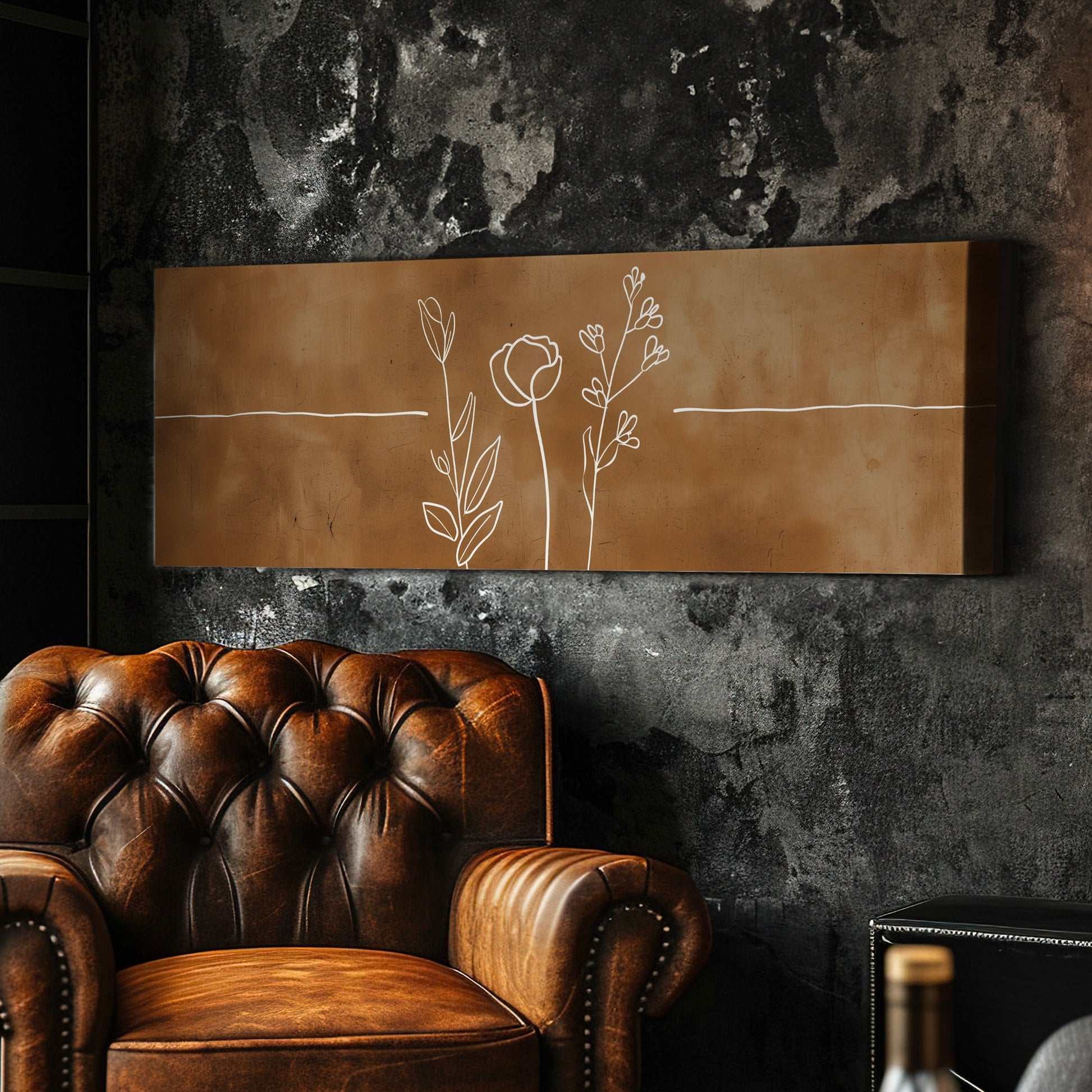 Abstract Flowers Long Horizontal Wall Art For Living Room, Panoramic Floral Line Art Canvas Print, Farmhouse Decor Canvas Art